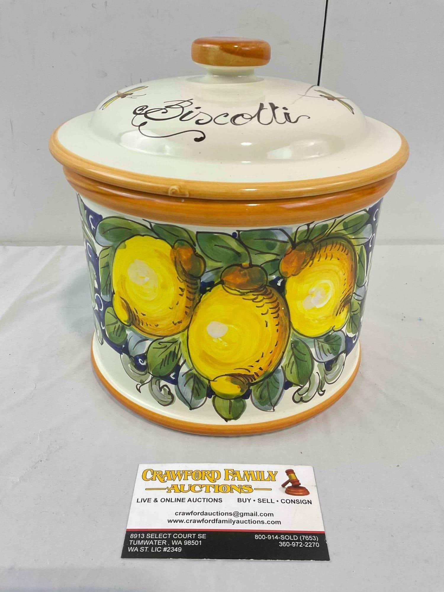 Italian Hand Painted Ceramic "Biscotti" Cookie Jar w/ Lemon Motif. Very Good Condition. See pics.: Italian Hand Painted Ceramic "Biscotti" Cookie Jar w/ Lemon Motif. Very Good Condition. Minor imperfections, condition is otherwise very good. Signed by Artist on bottom. Measures 8" x 8" x 9"