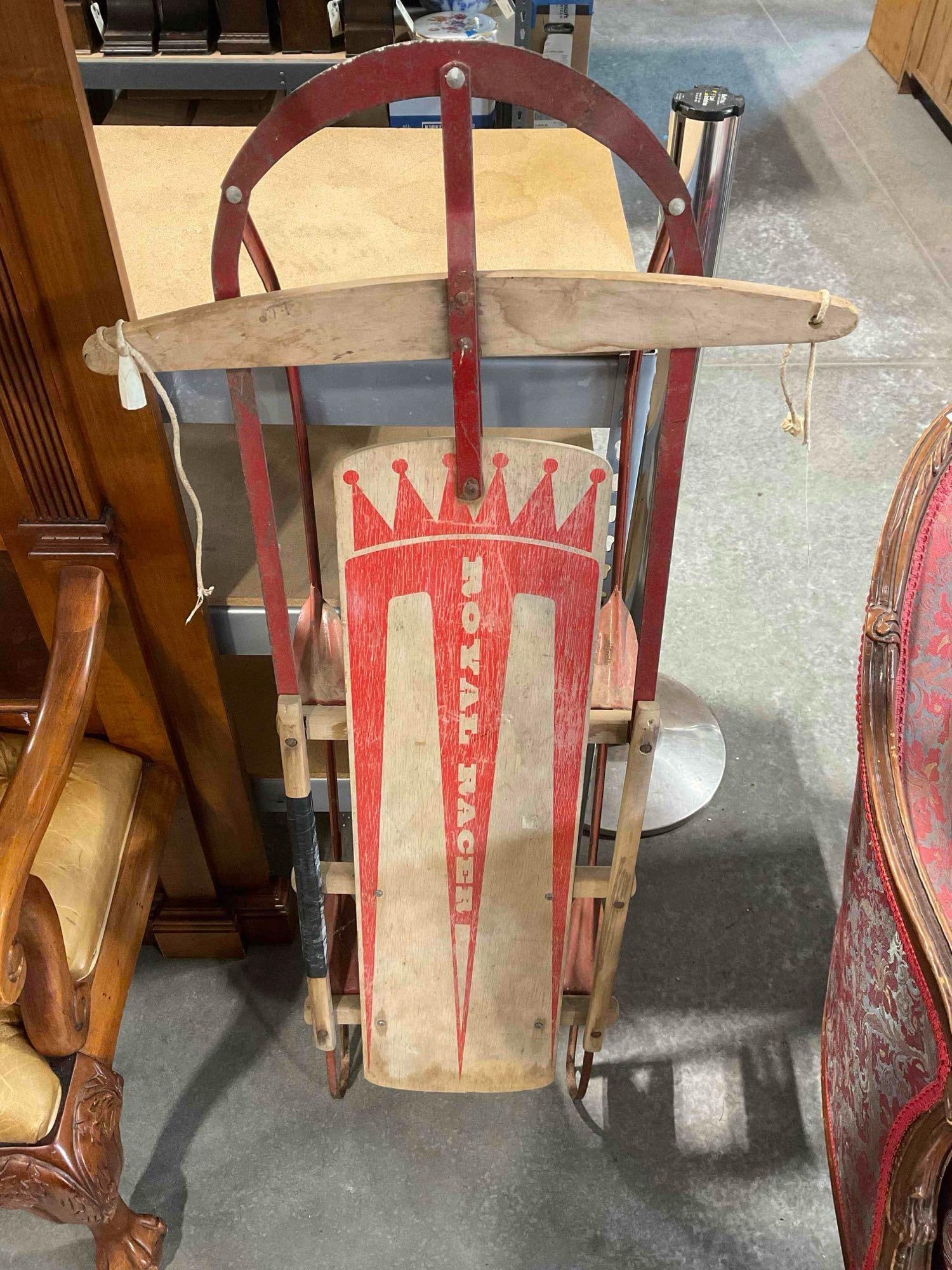 Vintage Royal Racer Wood & Metal Snow Sled. Good Condition. Measures 22" x 7" x 48" See pics. (1 of 7)