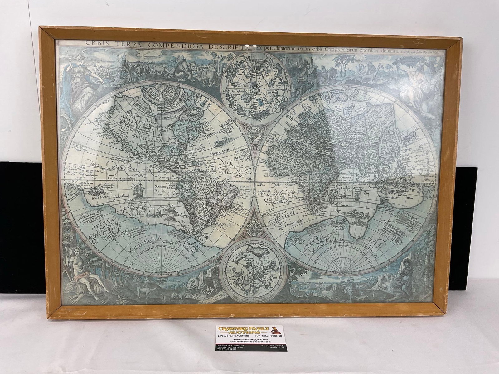 Framed Print, Antique 1590 Map Latin Language, Orbis Terrarum Typus de Integro, 16h x 22w x 3d inch: Looks to be a map created by cartographer Petrus Plancius. Appears to be in fair to good shape. The piece measures approx 16h x 22w x 3d inches. See pics. E-5690 
