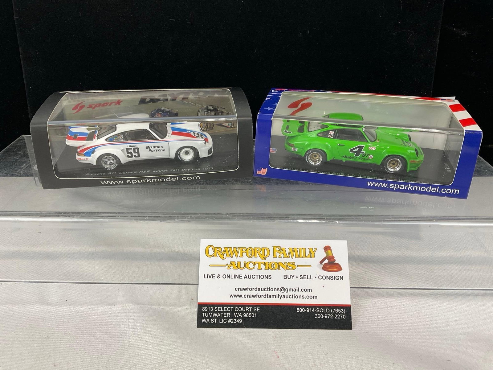 2 Spark 1/43 Scale Diecast Cars, 1974 & 1975 Porsche 911 Carrera RSR: Appears to be in good shape. The piece measures approx 5h x 7w x 4d inches. See pics. E-5420 