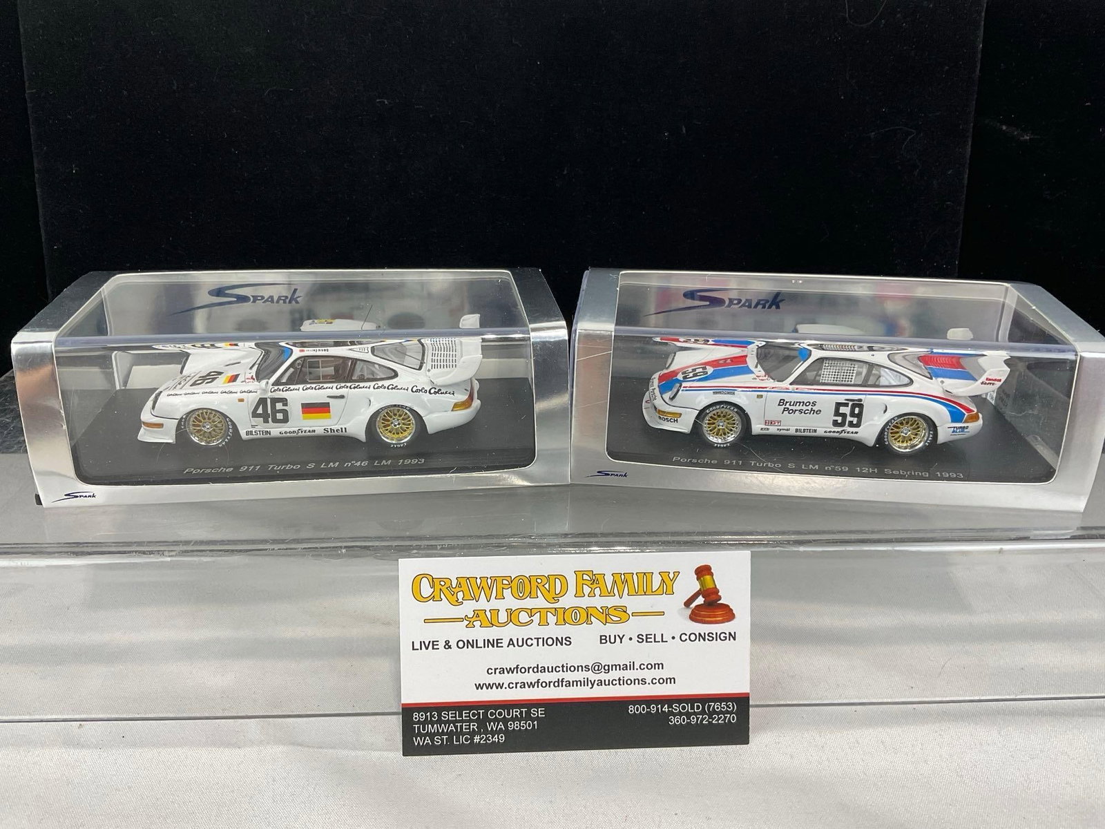 2 Spark 1/43 Scale Diecast Cars, 1993 Porsche 911 Turbo S, 6h x 7w x 4d inches: Appears to be in fair to good shape, one is missing both mirrors. The piece measures approx 6h x 7w x 4d inches. See pics. E-5420 