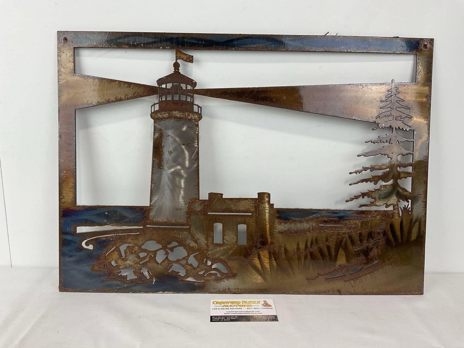 Laser/Waterjet Cut Sheet Metal Art by Iron Mountain Studios, Lighthouse Scene, 16x22 inches: Appears to be in good shape. The piece measures approx 16h x 22w x 2d inches. See pics. E-5660 