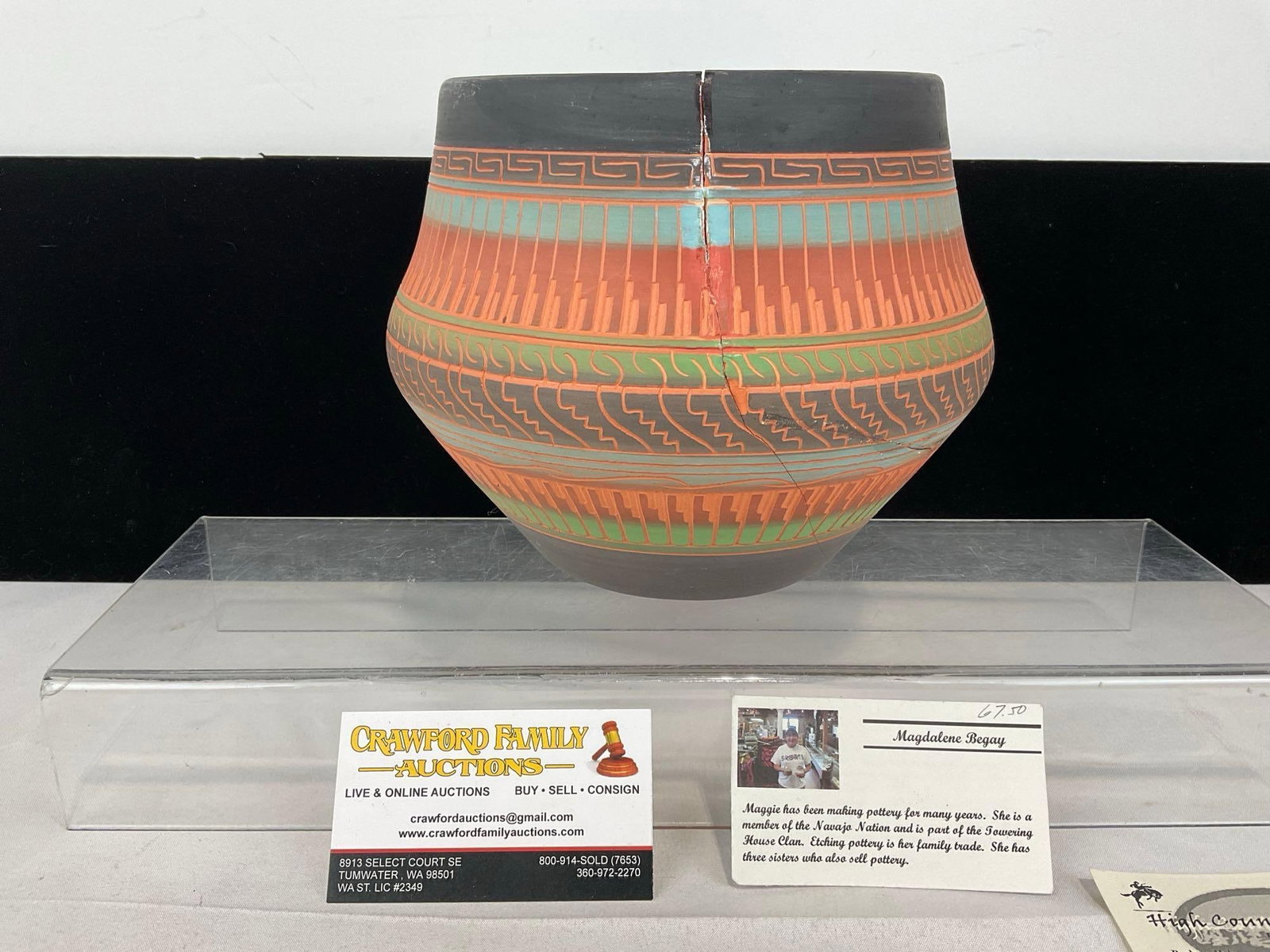 Native American Vase by Magdalene Begay, Navajo nation, Sgraffito & Painted, 8h x 8w x 8d inches: Appears to be in fair shape, has a decent sized crack through the piece, and a few more, possibly reconstructed back into the current state. The piece measures approx 8h x 8w x 8d inches. See pics.