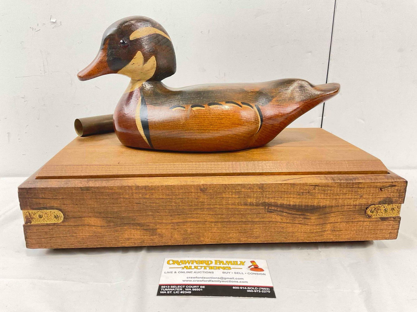 Vintage Wooden Box w/ Carved Duck Decoy & Shot Casing Lid. Very Good Condition. See pics.: Vintage Wooden Box w/ Carved Duck Decoy & Shot Casing Lid. Minor wear indicative of age and use, otherwise in very good Condition. Interesting piece in great shape. Might have had cards at