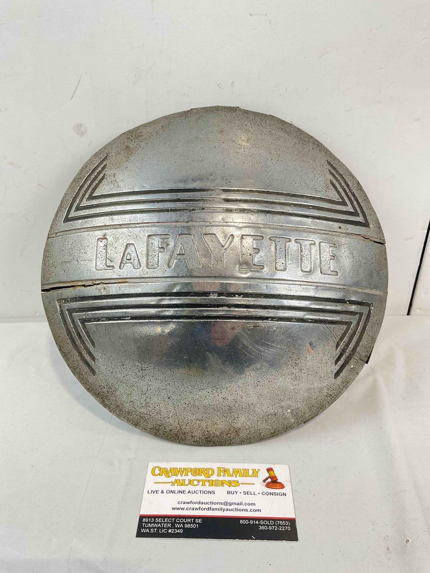 Vintage 1937-1938 Nash LaFayette Hubcap Wheel Cover Center Cap. Fair to Good Condition.: Vintage 1937-1938 Nash LaFayette Hubcap Wheel Cover Center Cap. Fair to Good Condition. Piece has two cracks on front, heavily rusted on back, needs TLC, condition is otherwise fair to good. Measures