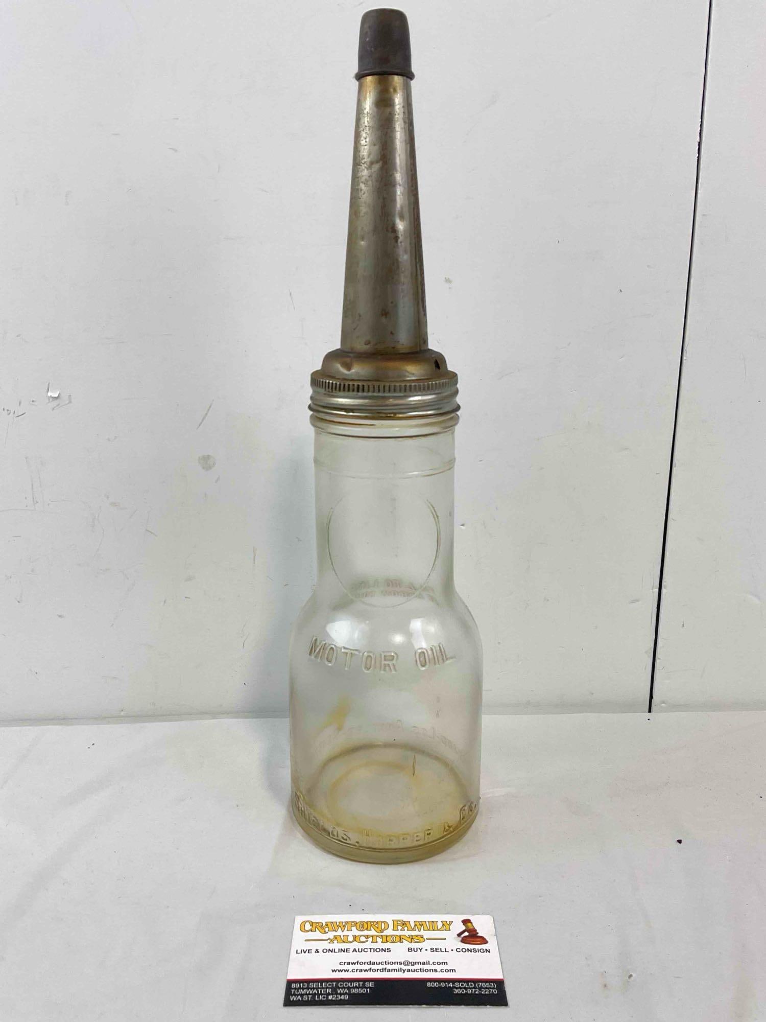 Vintage Shields, Harper & Co. One Quart Glass Motor Oil Bottle w/ Spout. Very Good Condition. (1 of 7)