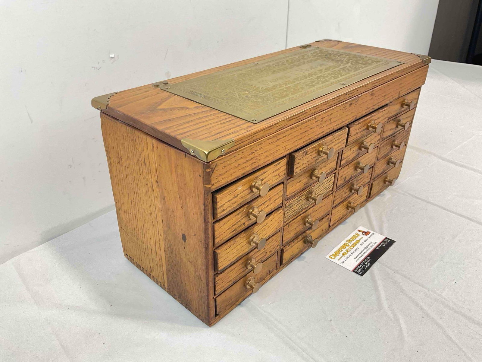 Vintage Oak Watchmaker's Chest w/ Lift Up Top, 20 Drawers & Etched Brass Plaque. See pics. - 2