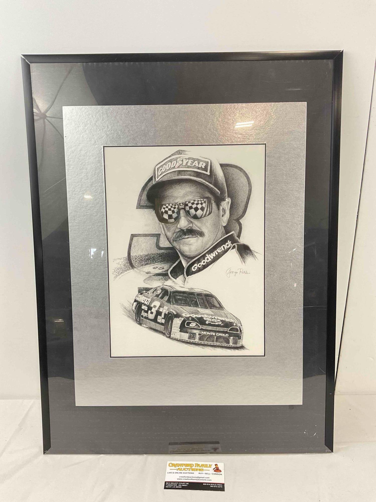 Framed Vintage Print of Dale Earnhardt Pencil Drawing by George Rebh. Very Good Condition.: Framed Vintage Print of Dale Earnhardt Pencil Drawing by George Rebh. Very Good Condition. In plastic frame with plastic pane. Missing bottom of frame, minor wear, condition is otherwise very goo