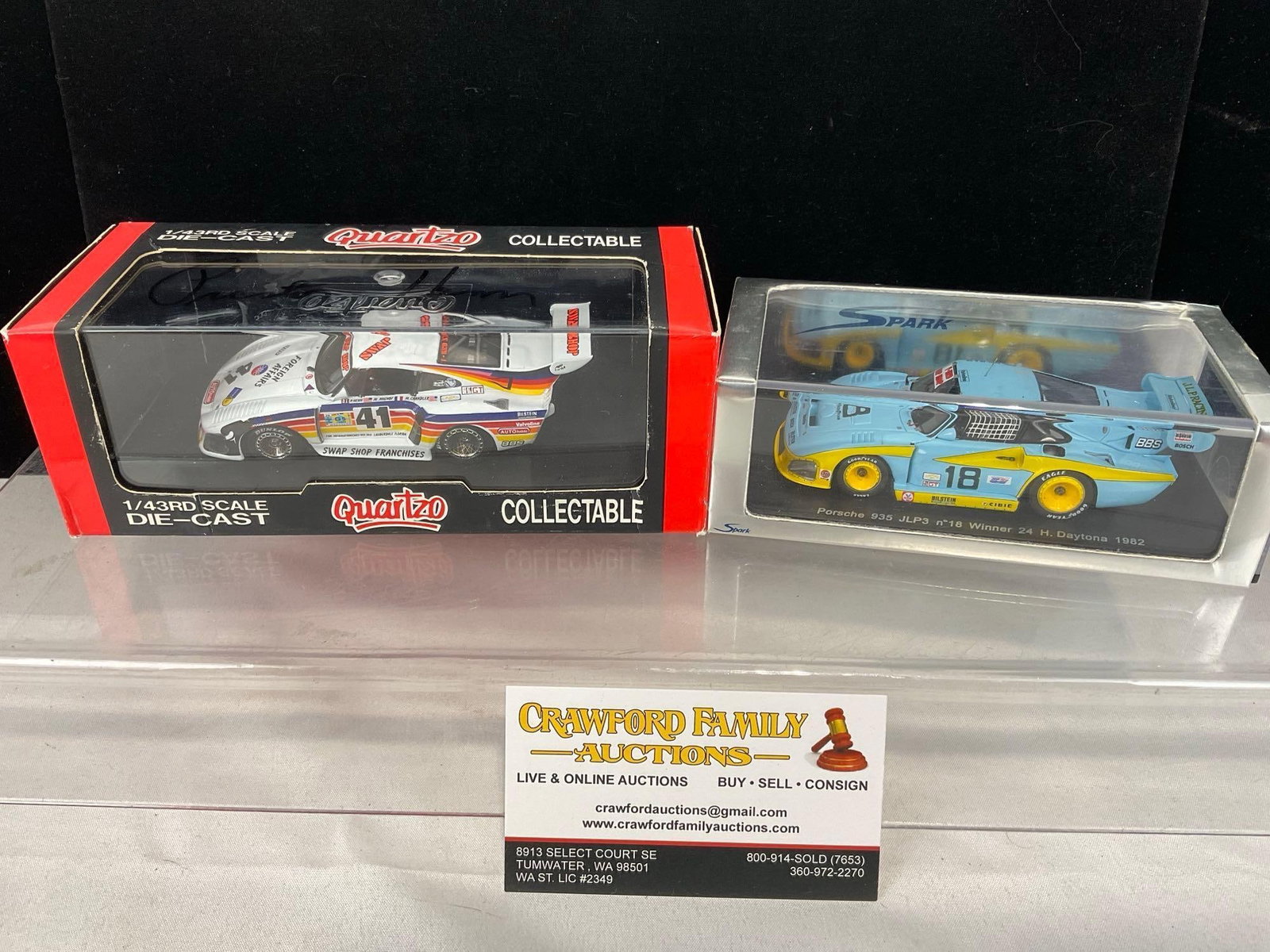 2 1/43 Scale Diecast Cars, Spark 1981 Porsche 935K3 & Quartzo 1982 Porsche 935 JLP3: Appears to be in good shape. The piece measures approx 6h x 7w x 4d inches. See pics. E-5420 