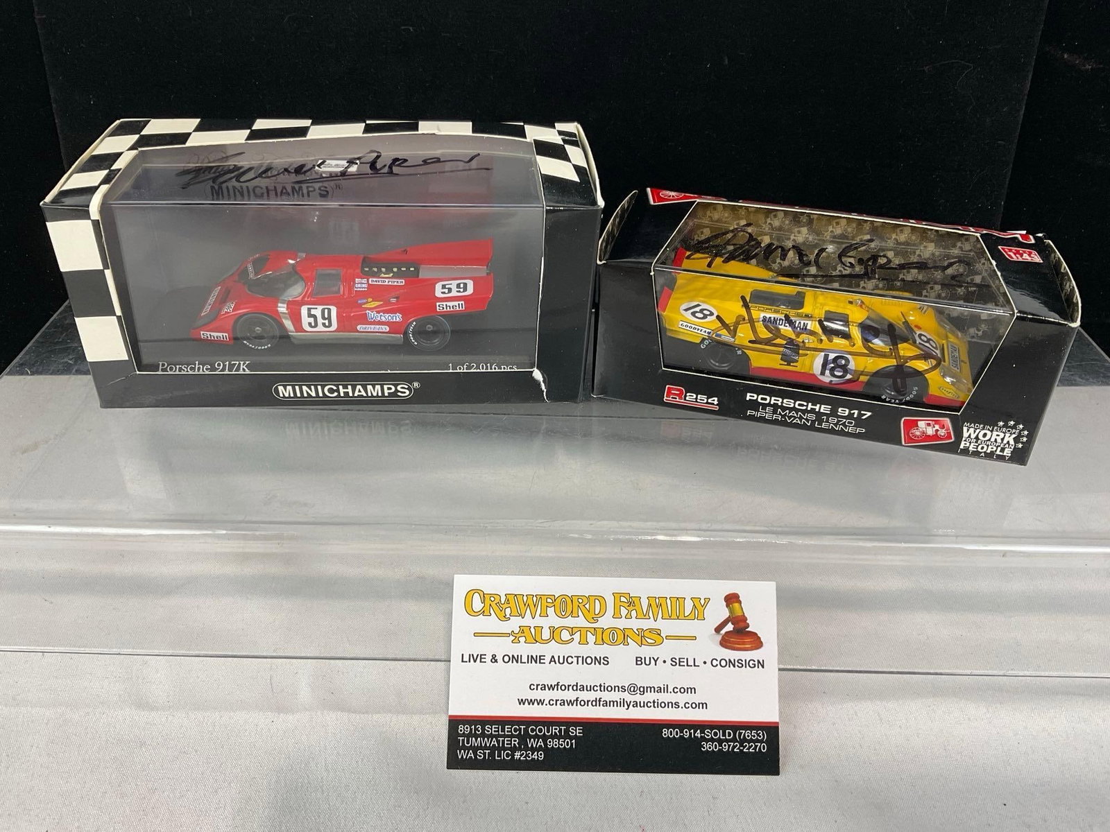 2 1/43 Scale Diecast Cars, Minichamps & Brumm, 1970 Porsche 917, Both signed by David Piper, & ..: The other is signed by both David Piper & Gijs van Lennep. Appears to be in good shape. The piece measures approx 6h x 7w x 4d inches. See pics. E-5420 