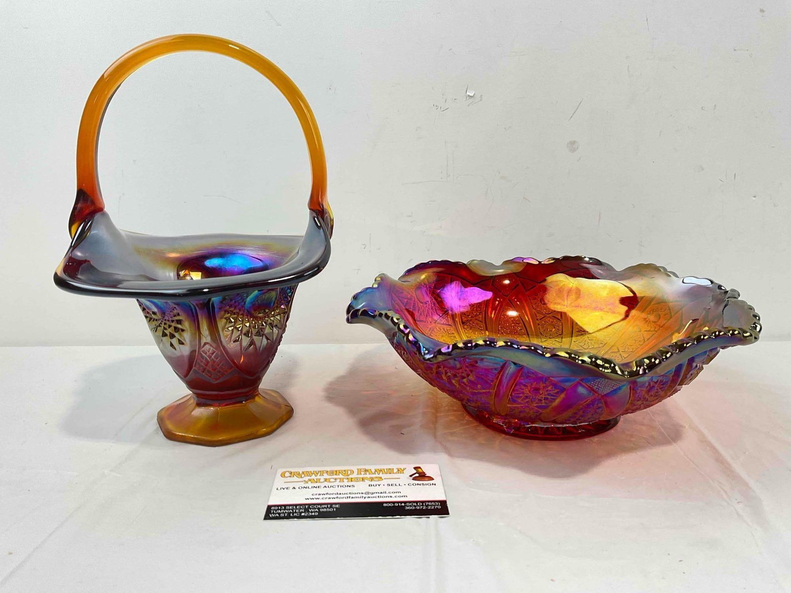 2 pcs Vintage Amber w/ Iridescent Finish Carnival Glass Pieces, Basket & Bowl. Very Good Cond. (1 of 6)