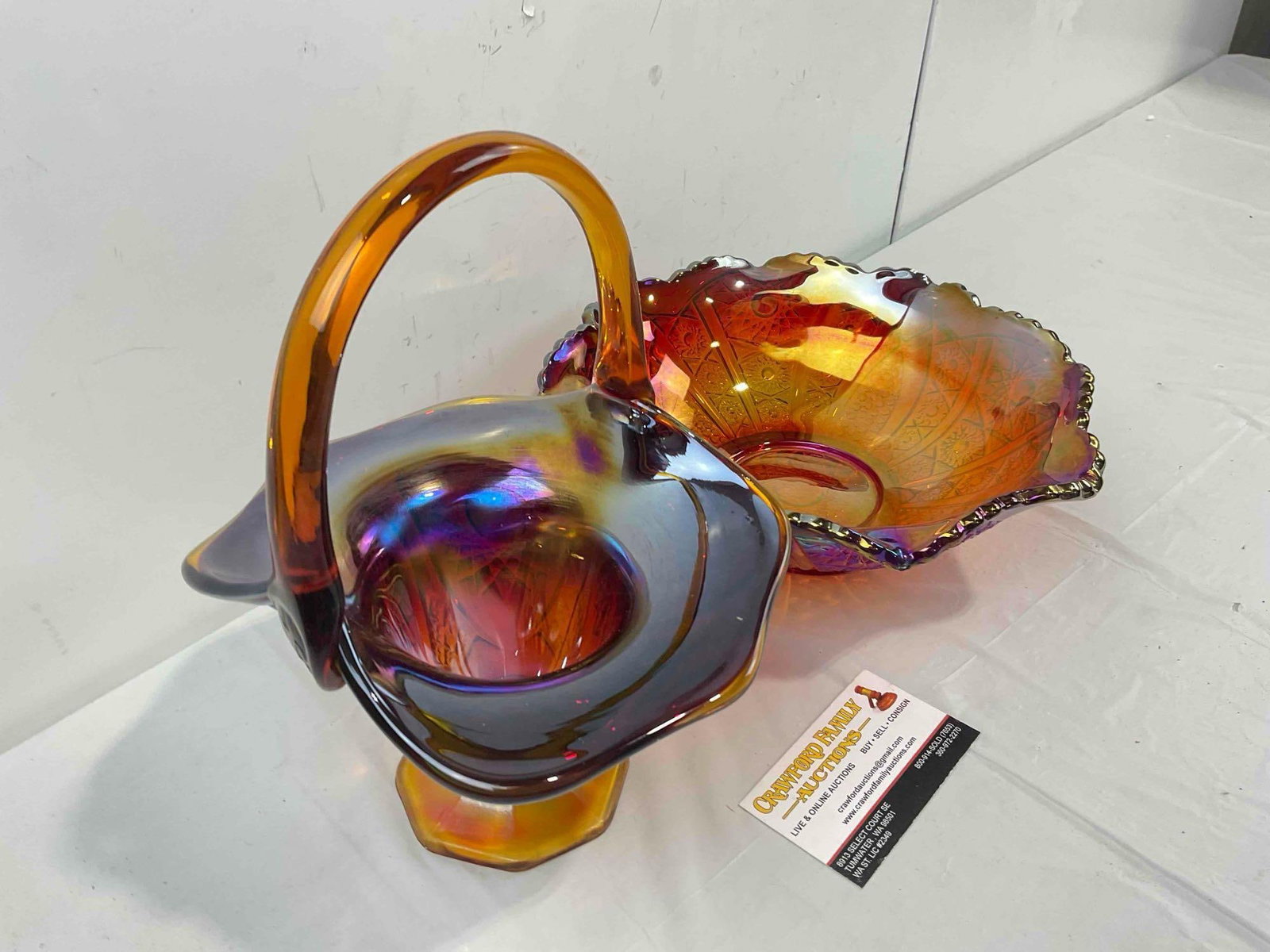 2 pcs Vintage Amber w/ Iridescent Finish Carnival Glass Pieces, Basket & Bowl. Very Good Cond. - 2