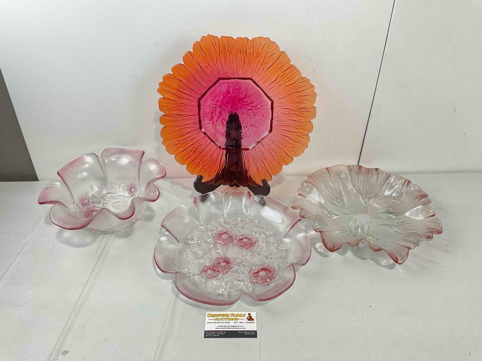 4 pcs Beautiful Vintage Glass Dishes w/ Floral Designs. Very Good Condition. See pics.: 4 pcs Beautiful Vintage Glass Dishes w/ Floral Designs. Very Good Condition. 3 are clear glass with pink accents, one is orange and pink. Minor wear indicative of age and use, condition is otherwise