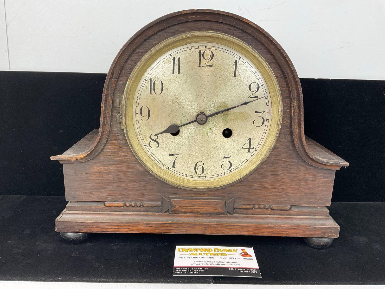 Antique English Oak Mantel Clock, Time Strike, no glass cover, 11h x 14w x 7d inches: All comes from the same collection. Appears to be in fair shape, includes the hammer & a trim piece inside. The piece measures approx 11h x 14w x 7d inches. See pics. E-5580 