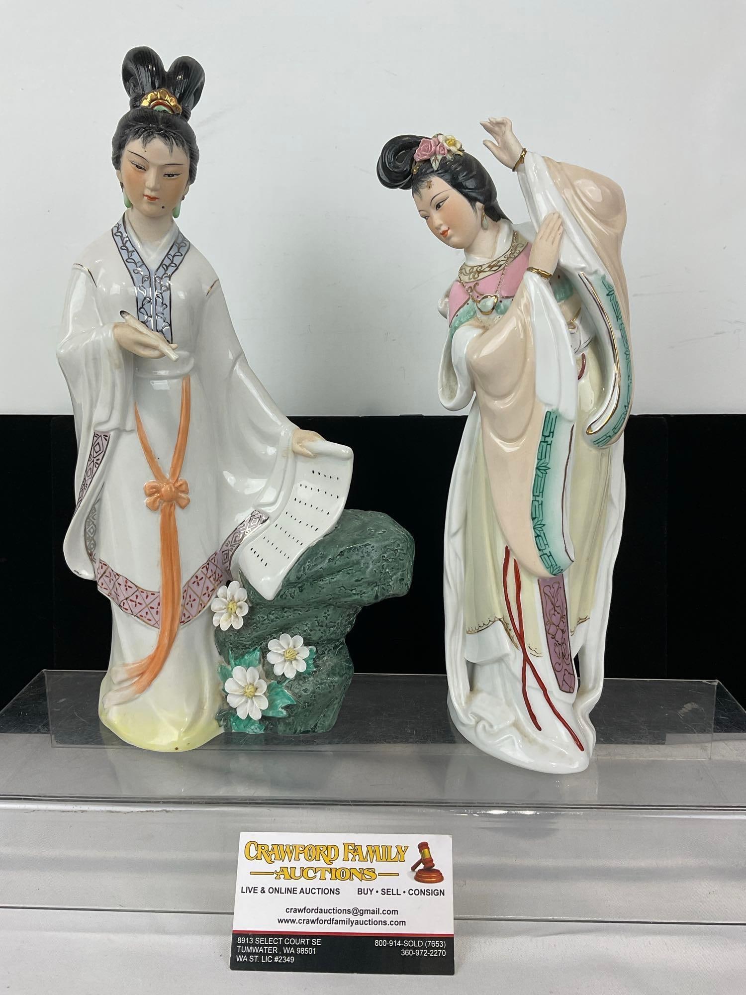 Vintage Pair of Ceramic Figurines, Asian Women, Traditional Dancing, Handpainted, 13h x 8w x 6d i...: Both marked Made in China. Appears to be in good shape. The piece measures approx 13h x 8w x 6d inches. See pics. E-5500 
