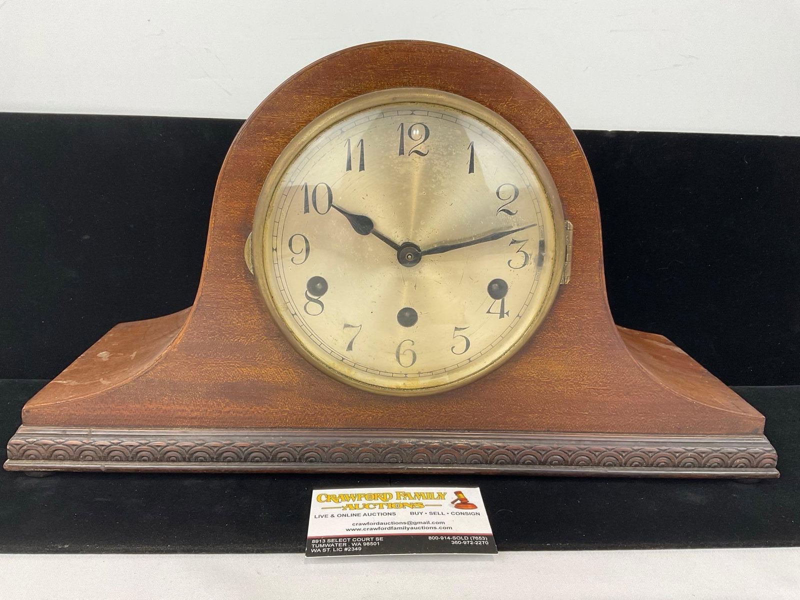 Antique Mantel Humpback Clock w/ Key, Time Strike Chime, 10h x 17w x 7d inches: All comes from the same collection. Appears to be in good shape. The piece measures approx 10h x 17w x 7d inches. See pics. E-5580