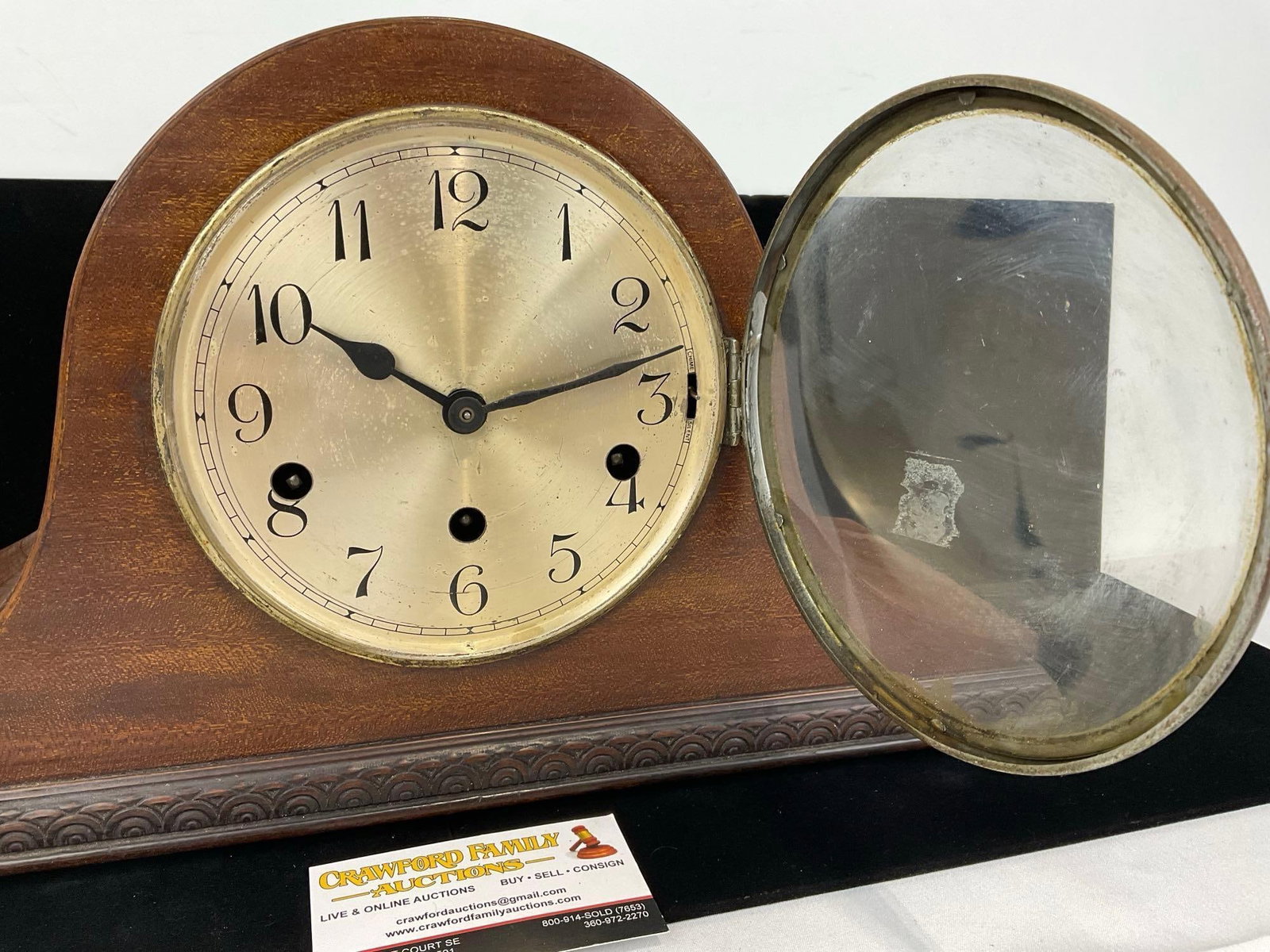 Antique Mantel Humpback Clock w/ Key, Time Strike Chime, 10h x 17w x 7d inches - 2