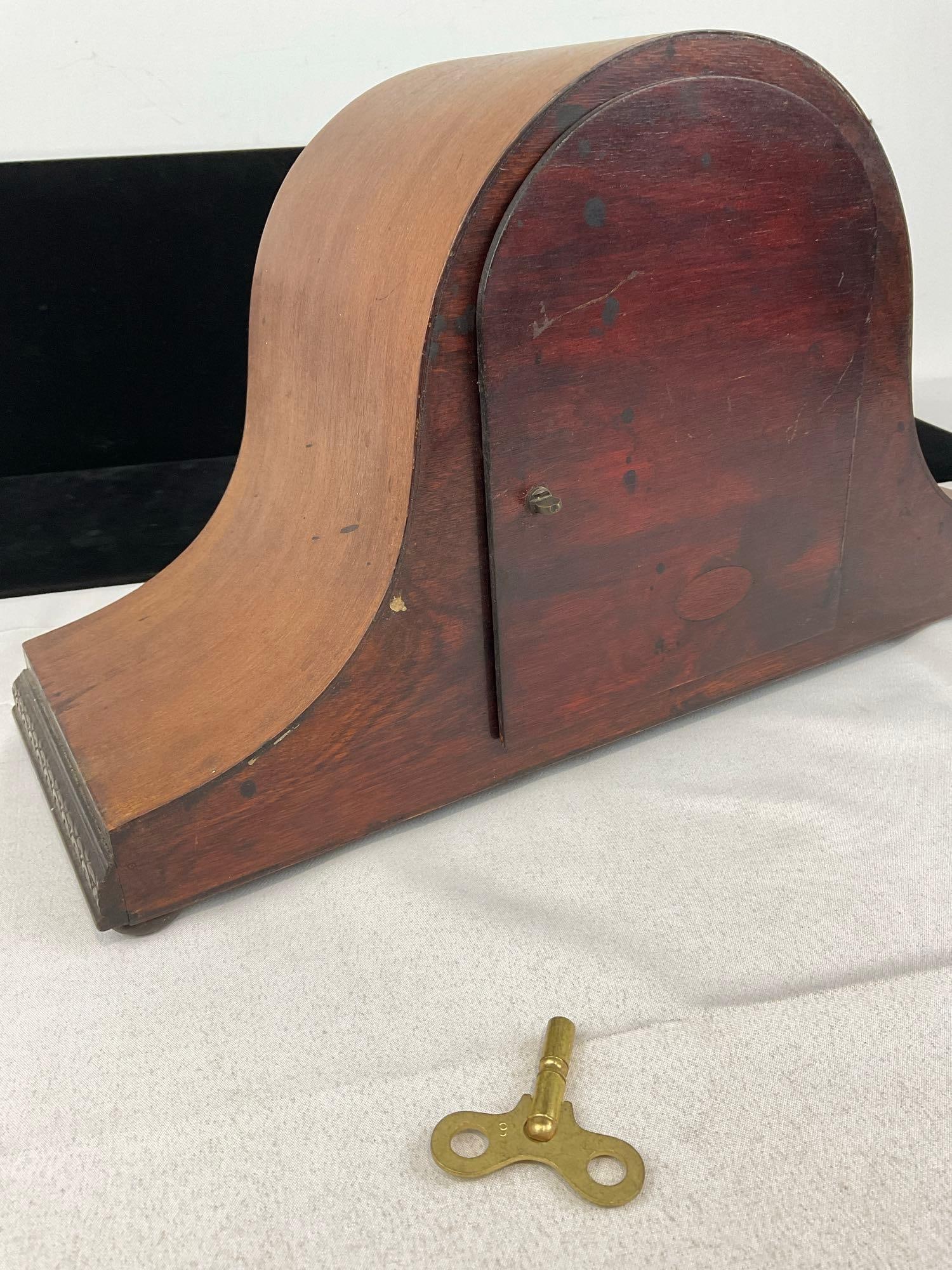 Antique Mantel Humpback Clock w/ Key, Time Strike Chime, 10h x 17w x 7d inches - 5