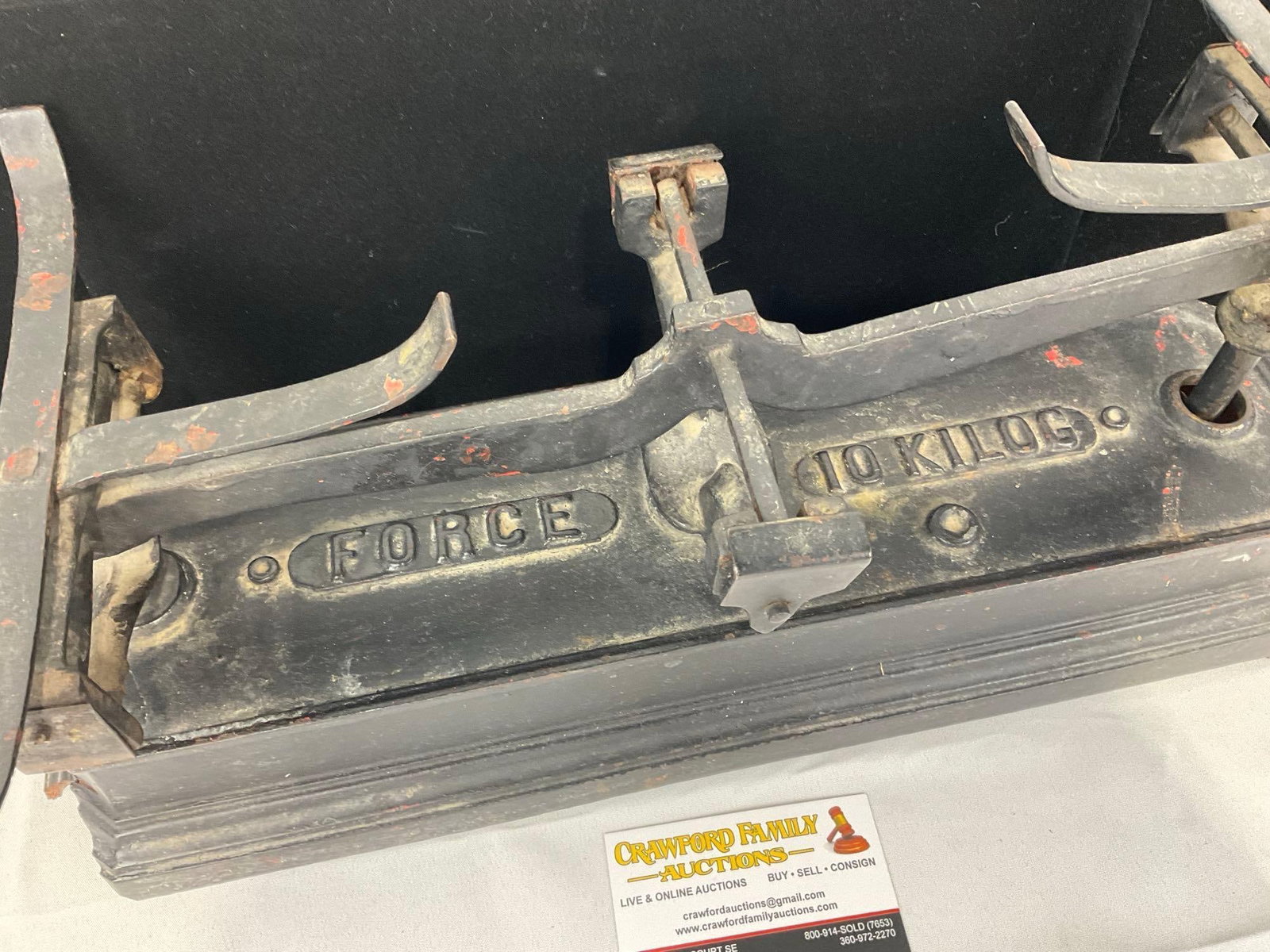 Early 20th Century Cast Iron Scale, Force 10 Kilos, one tine broken off, 9h x 21w x 10d inches - 2
