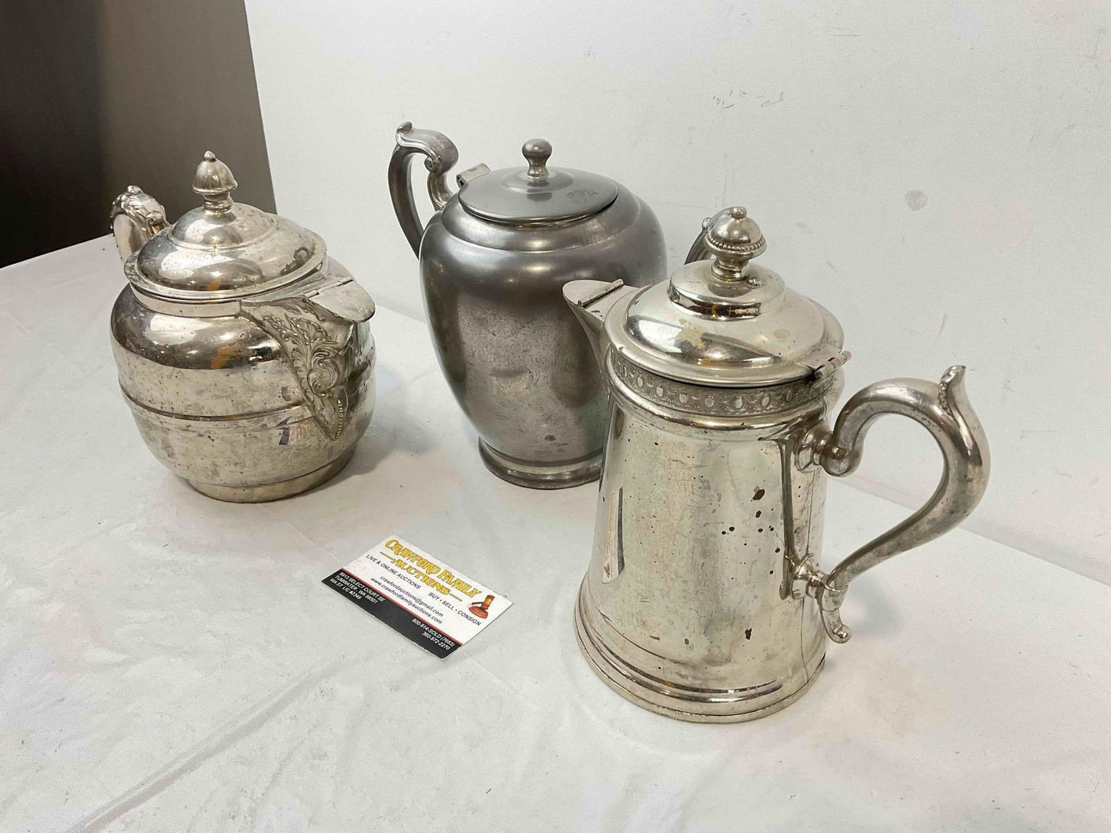 3 pcs Vintage Metal Tea Pots, incl. 1x Silvercraft Pewter & 1x Rochester Silver Plated. See pics. - 2