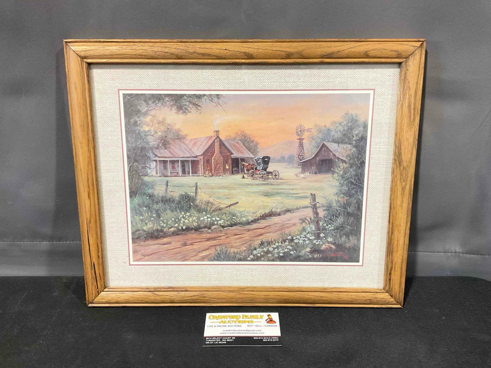 Vintage Framed Print "Barn House w/ Horse & Buggy" by M. Caroselli. Very Good Condition. (1 of 6)