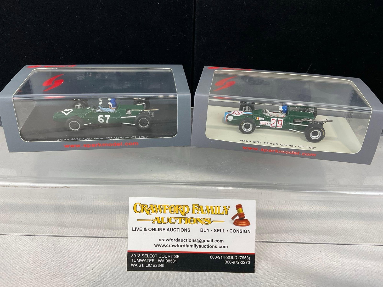 2 Spark 1/43 Scale Diecast Cars, 2x Matra Ms5, 1966 & 1967 Jacky Ickx: Appears to be in good shape. The piece measures approx 5h x 7w x 4d inches. See pics. E-5420
