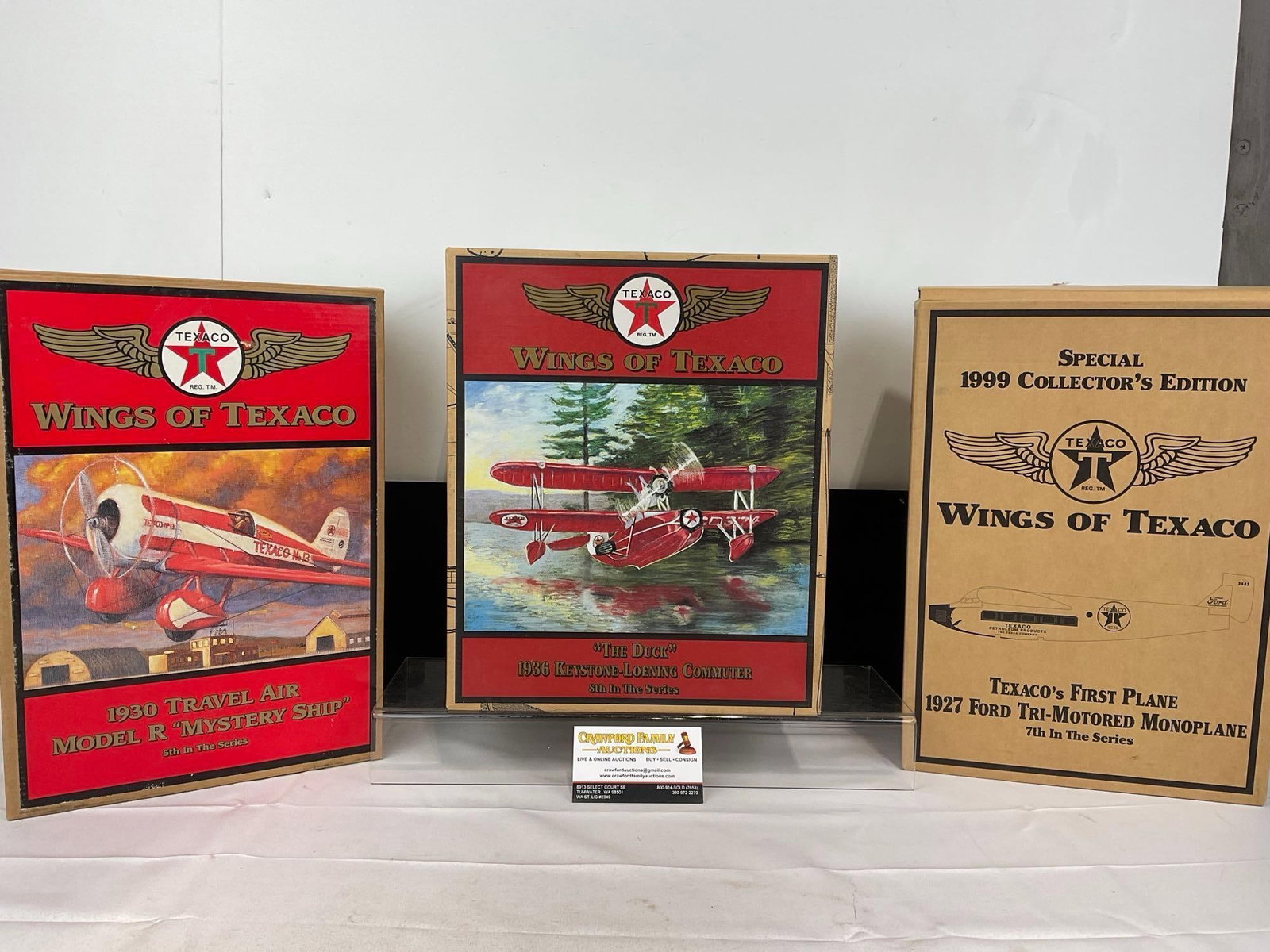 3 Wings of Texaco Airplane Models, Mystery Ship, The Duck, & Gold Tone 1927 Ford Trimotor Monoplane: Appears to be in good shape. The piece measures approx 14h x 14w x 11d inches. See pics. E-5780