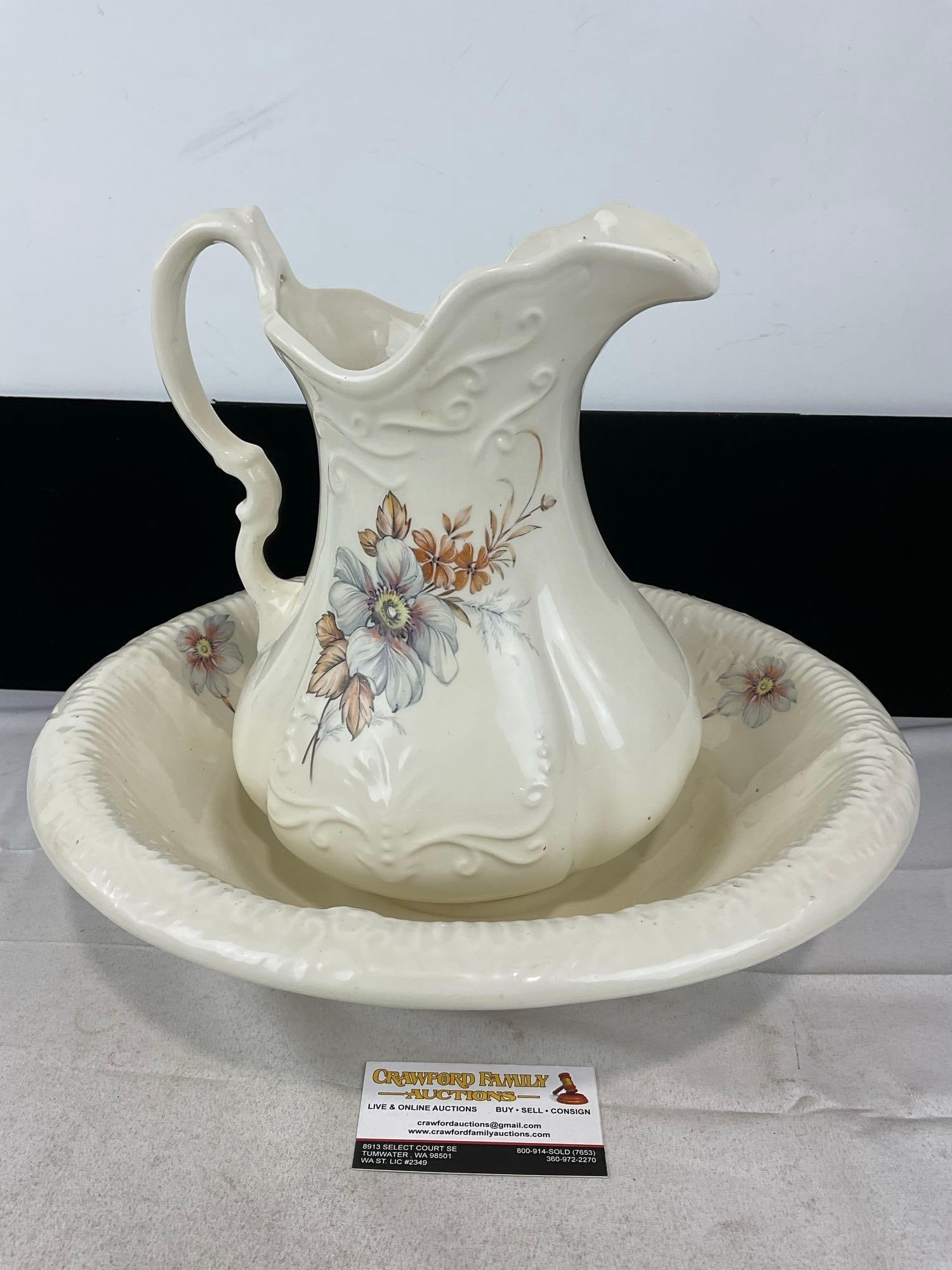 Vintage Ironstone Pitcher, & Wash Basin, handpainted Floral Designs, 13h x 15w x 15d inches: Marked From Mother 1996 with Love on the bottom of the basin. Appears to be in good shape. The piece measures approx 13h x 15w x 15d inches. See pics. E-5360