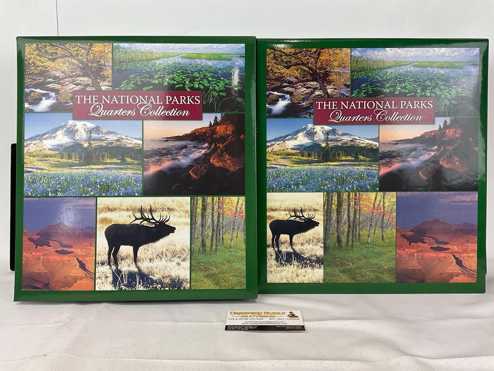 The National Parks Quarters Collection Albums, Vols 1&2, 50 States, 8h x 14w x 14d inches: Appears to be in good shape. The piece measures approx 8h x 14w x 14d inches. See pics. E-5660