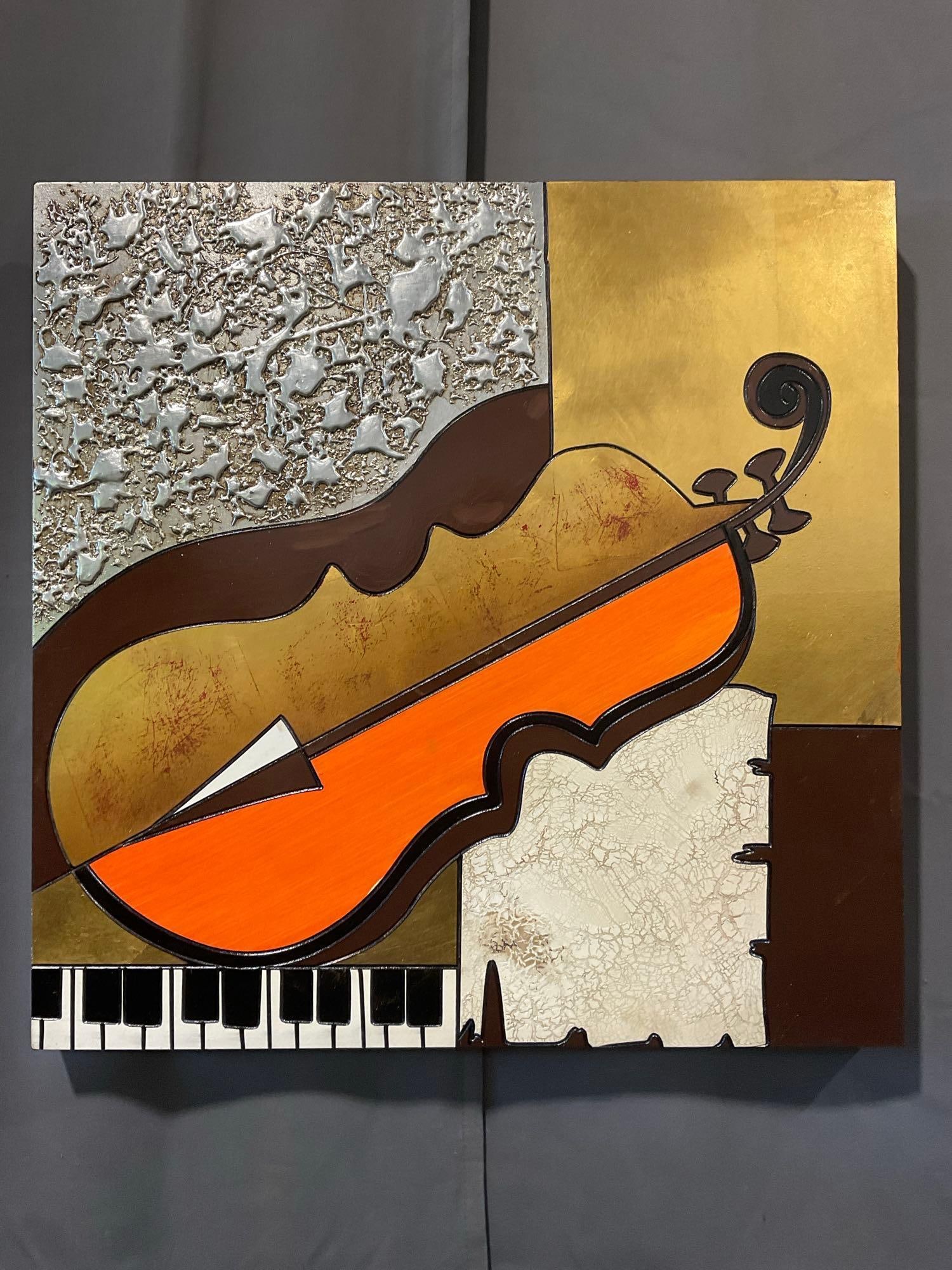 Abstract Violin & Piano Art Piece, Liquid Metal Design, 25 x 25 inches, Decor piece: Appears to be in good shape. The piece measures approx 25h x 25w x 4d inches. See pics. E-414