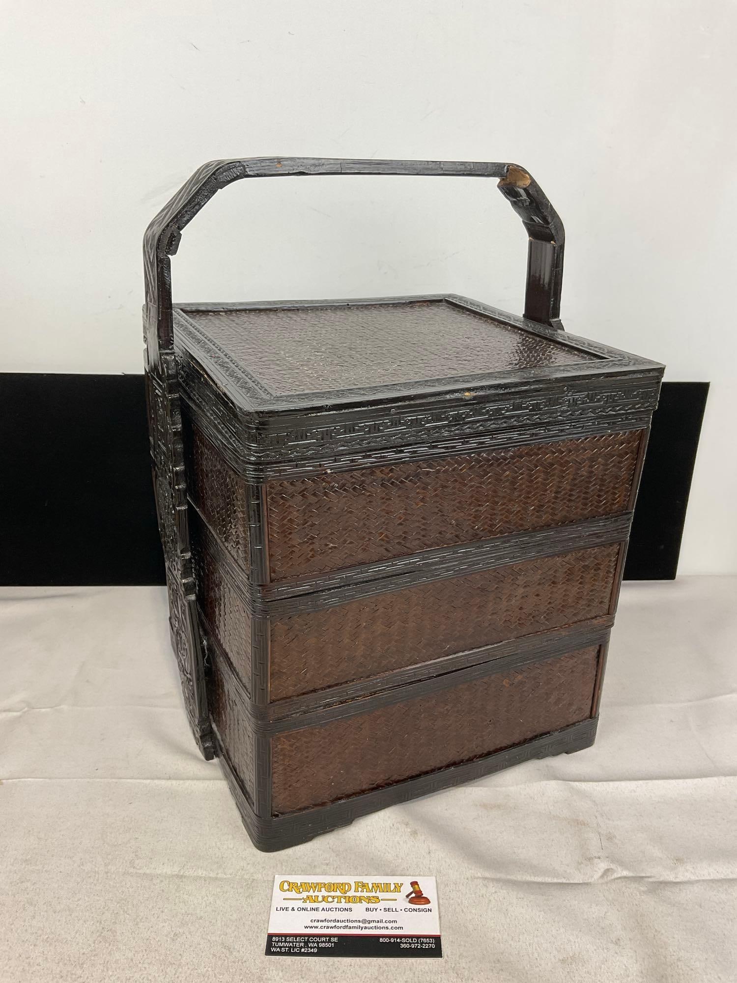 Antique Chinese Picnic Basket, 3 Layers, Woven Reed, Carved Wood, 15x10x11 inch, Dark Wood Tint: Appears to be in good shape. The piece measures approx 15h x 10w x 11d inches. See pics. E-5850