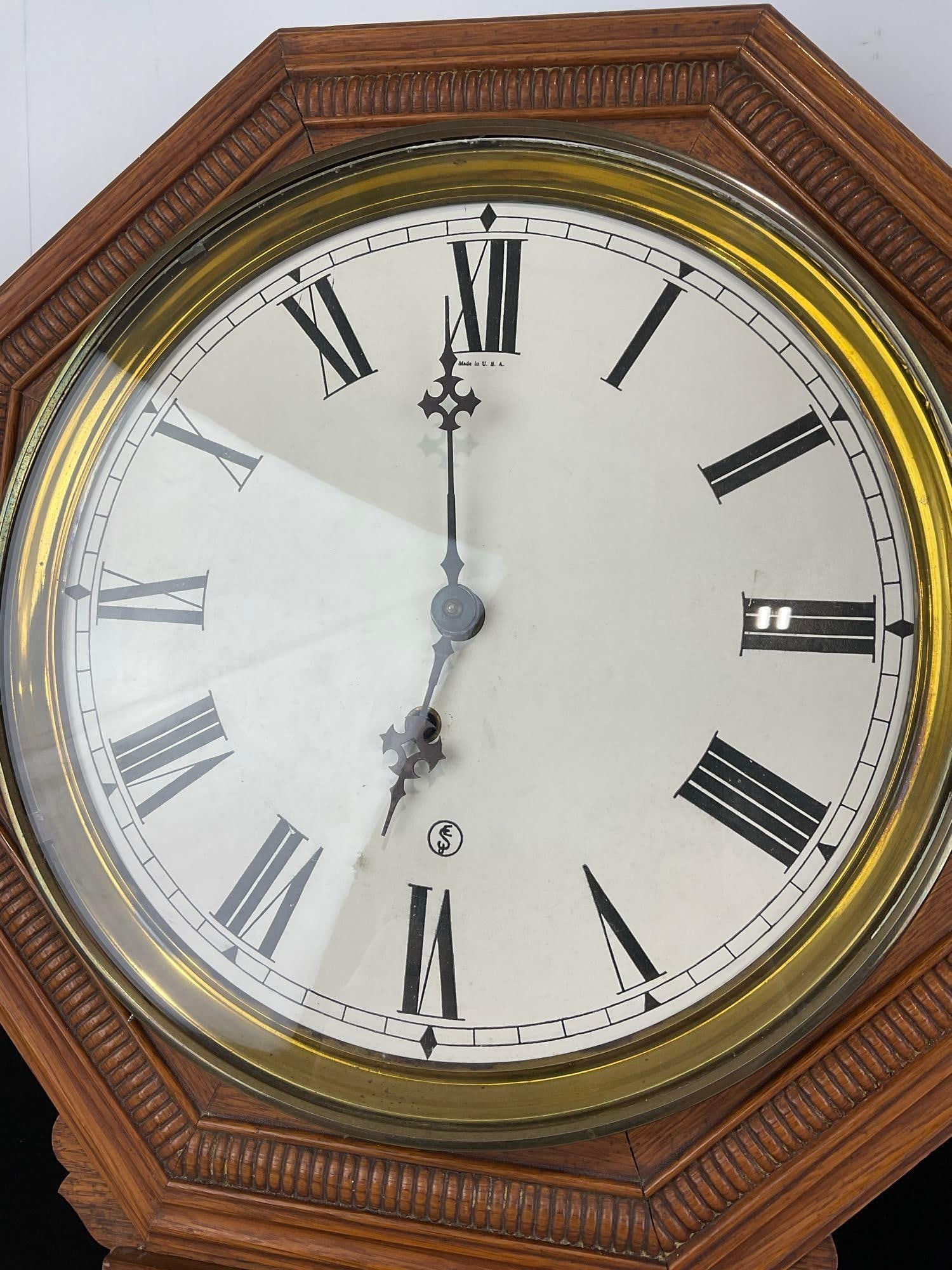E. Ingraham Drop Octagon style Regulator Wall Clock, Time, w/Pendulum & Key - 2