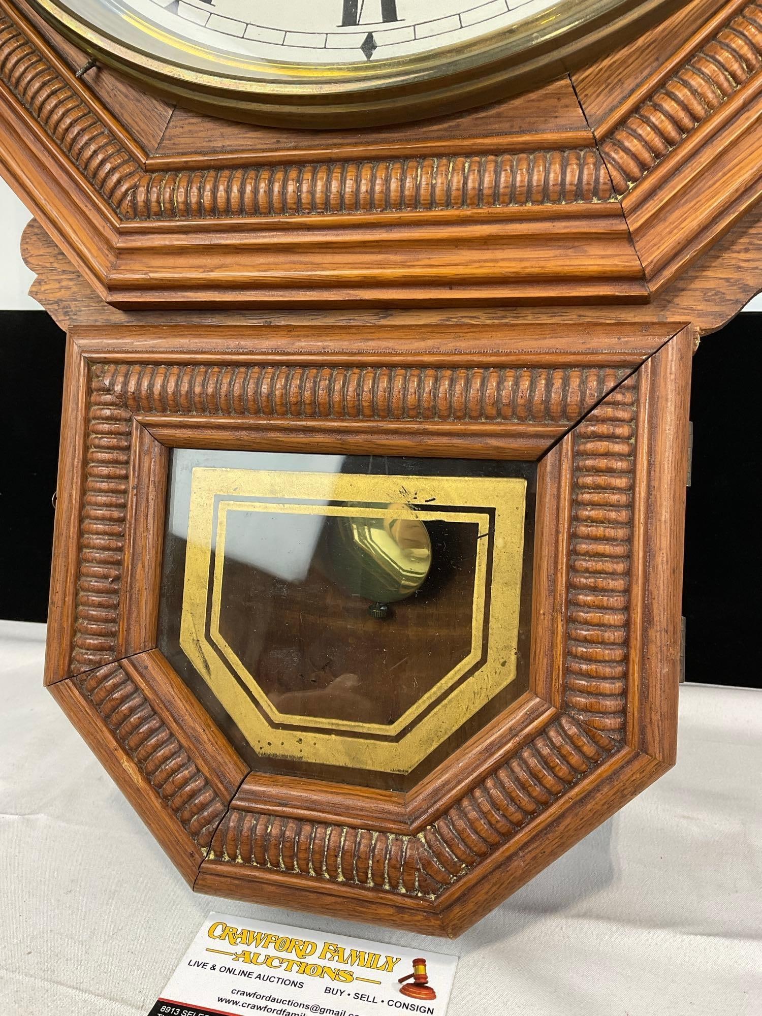 E. Ingraham Drop Octagon style Regulator Wall Clock, Time, w/Pendulum & Key - 3