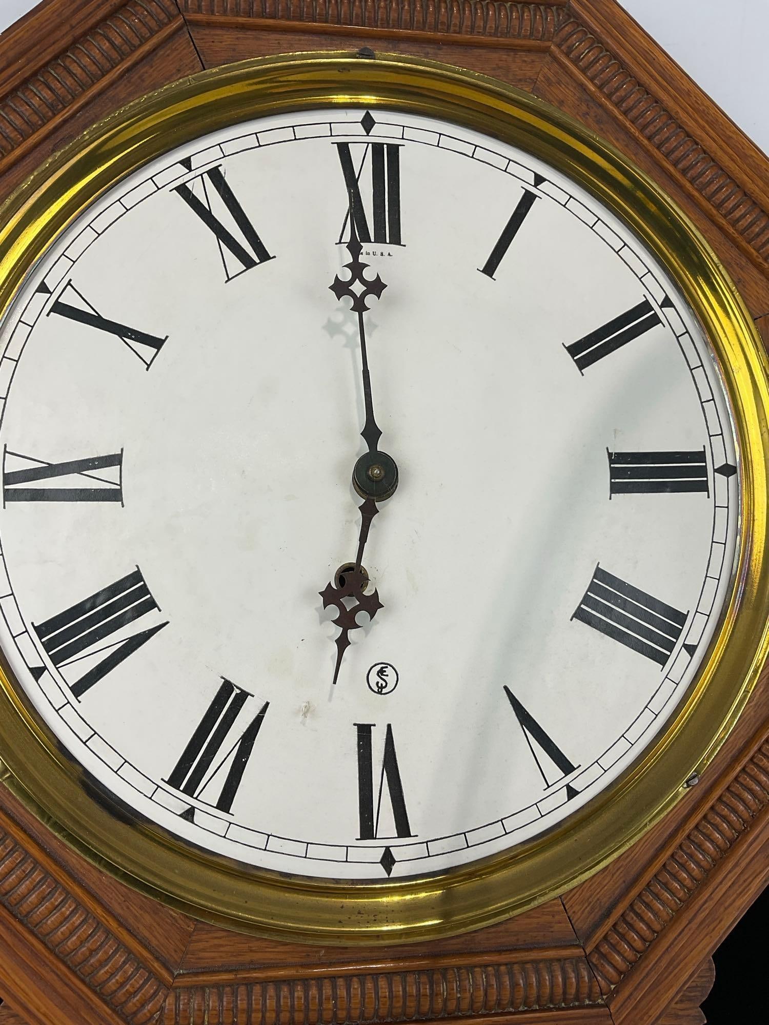 E. Ingraham Drop Octagon style Regulator Wall Clock, Time, w/Pendulum & Key - 5
