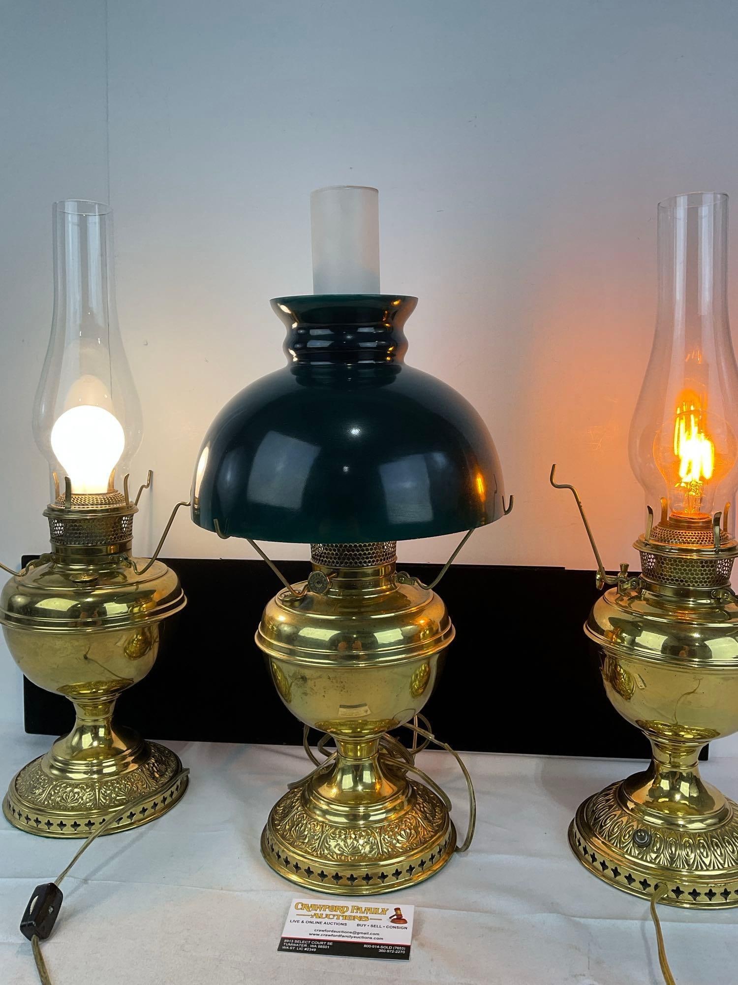 3 Electrified Oil Lamps, Brass B&H & R&Y pieces, 2 tested & working, 1 needs new cable - 2