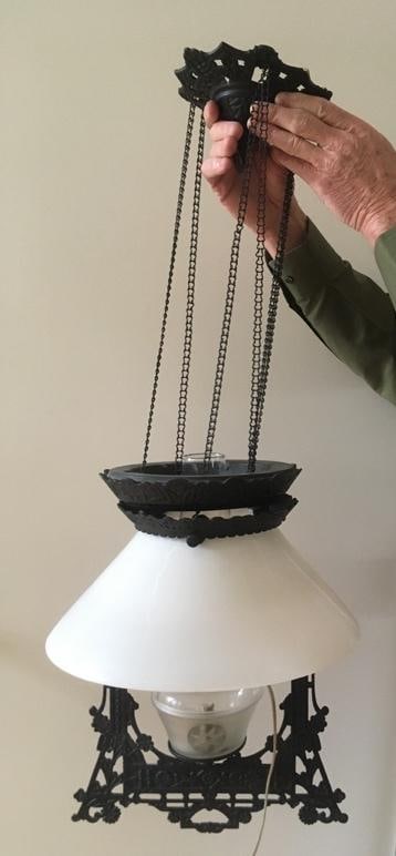 Electrified Bradley & Hubbard Pendant Lamp, Cast Iron Frame & Hardware + weight, milkglass shade: Last patent date 1877. Assembled in photos from the consignor. Untested. Appears to be in good shape. The pieces fit in a box that measures approx 10h x 18w x 18d inches. See pics. E-5850