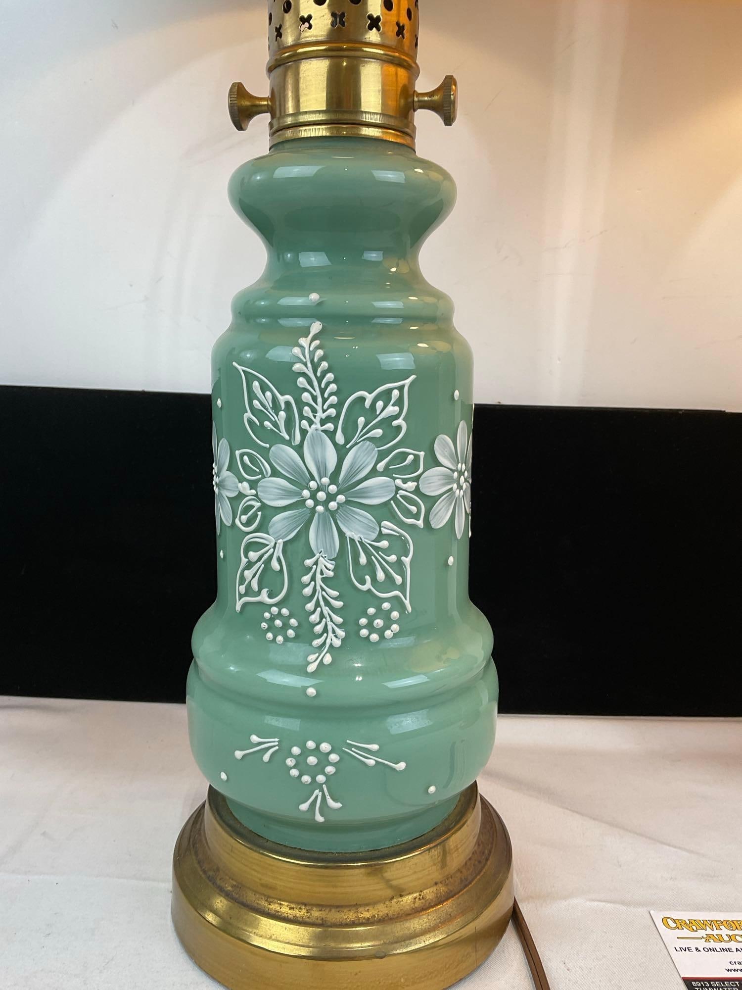 Pair of Handpainted White Floral Design Jade Glass Lamps, Brass w/White Shades, both tested/working - 2