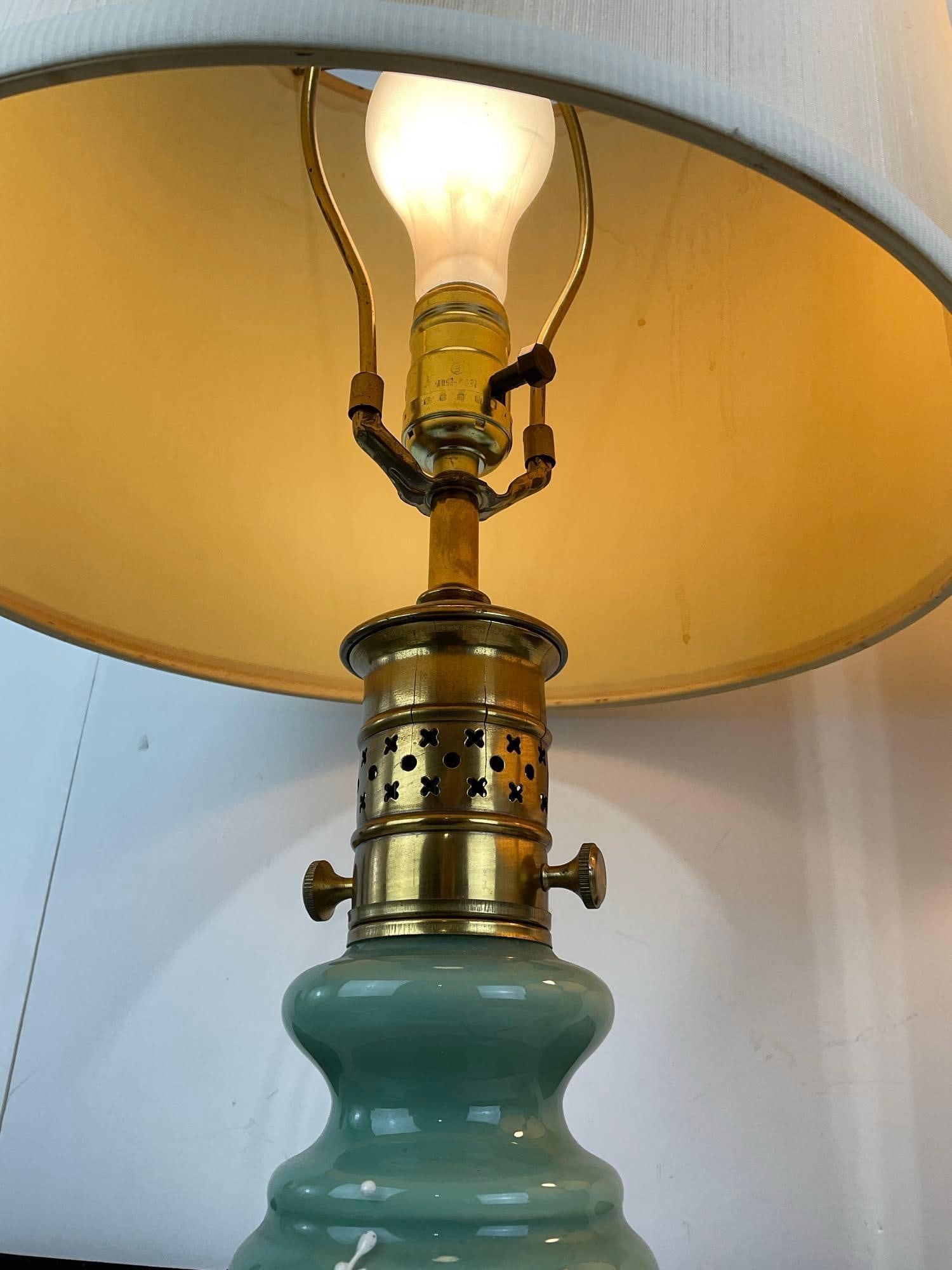 Pair of Handpainted White Floral Design Jade Glass Lamps, Brass w/White Shades, both tested/working - 3