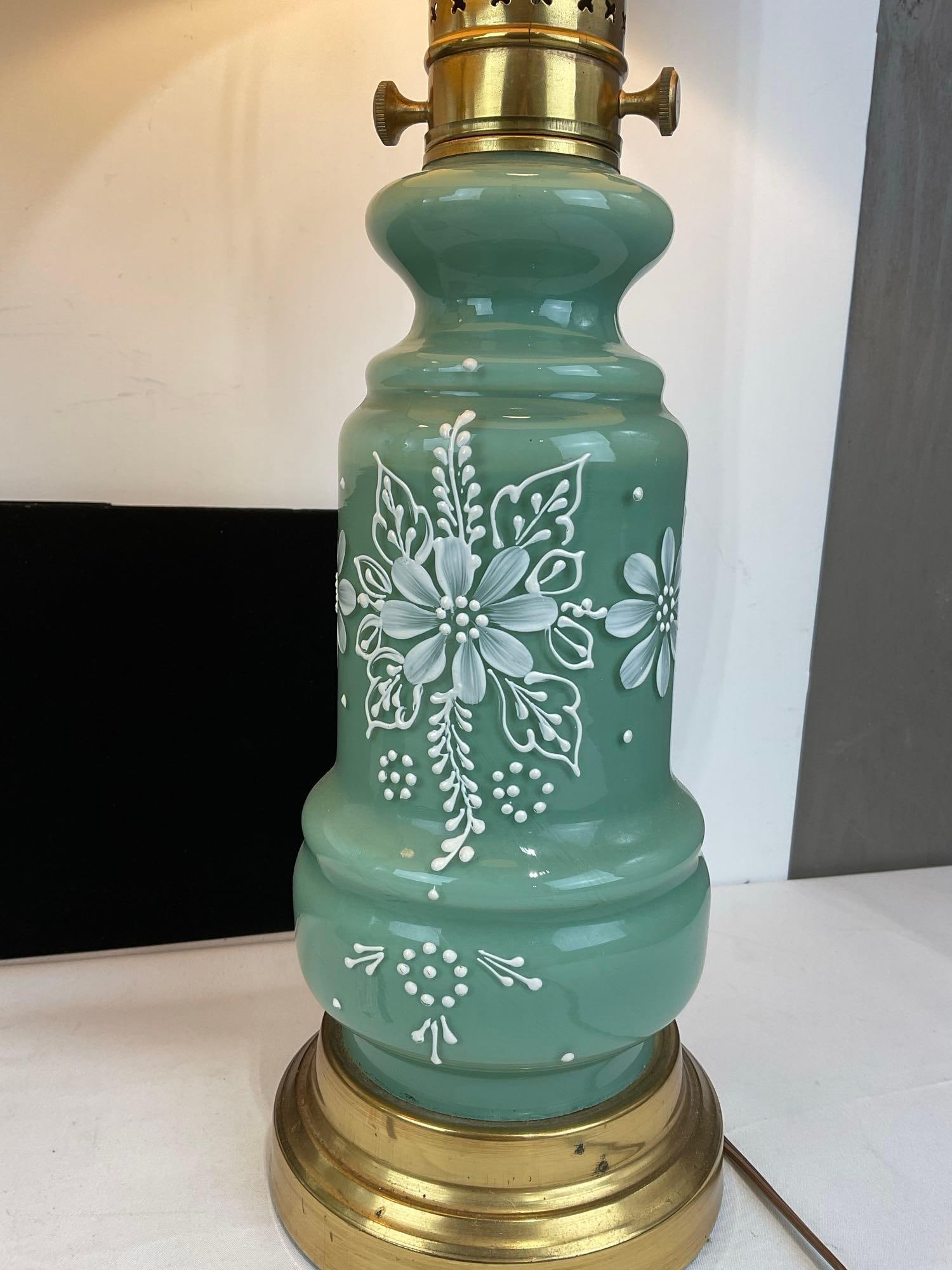 Pair of Handpainted White Floral Design Jade Glass Lamps, Brass w/White Shades, both tested/working - 4