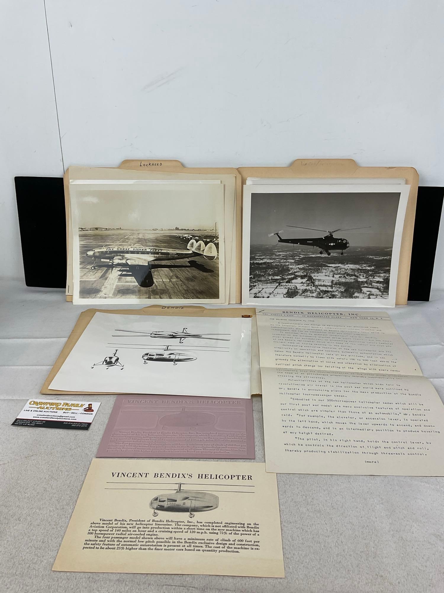 Vintage Airplane Press Release Photos & Ephemera, Lockheed, Bendix Helicopter, & more: Appears to be in good shape. The piece measures approx 11h x 13w x 2d inches. See pics. E-5360