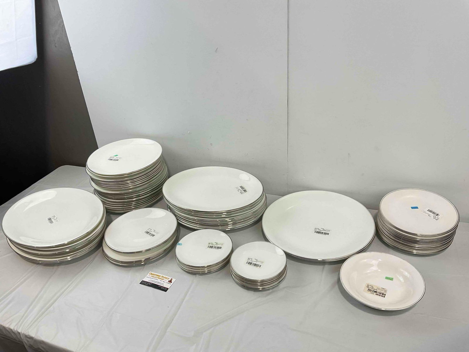 77 pcs Wedgwood White Ceramic Dishes in Doric Pattern w/ Silver Trim. Very Good Condition. - 2