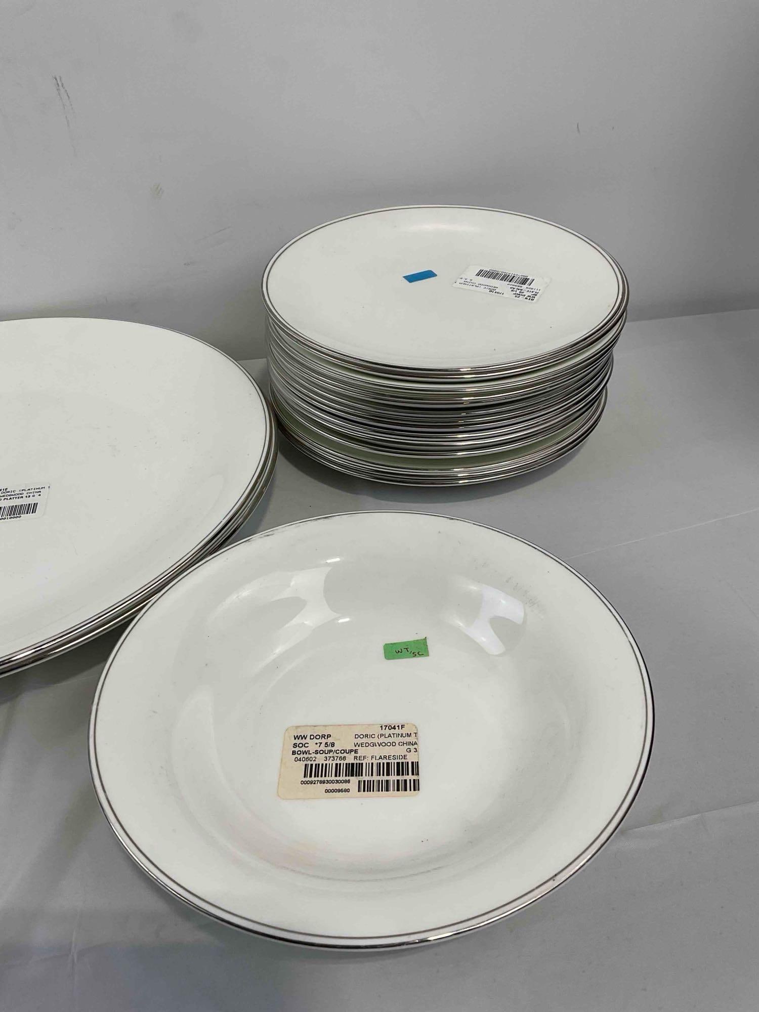 77 pcs Wedgwood White Ceramic Dishes in Doric Pattern w/ Silver Trim. Very Good Condition. - 5