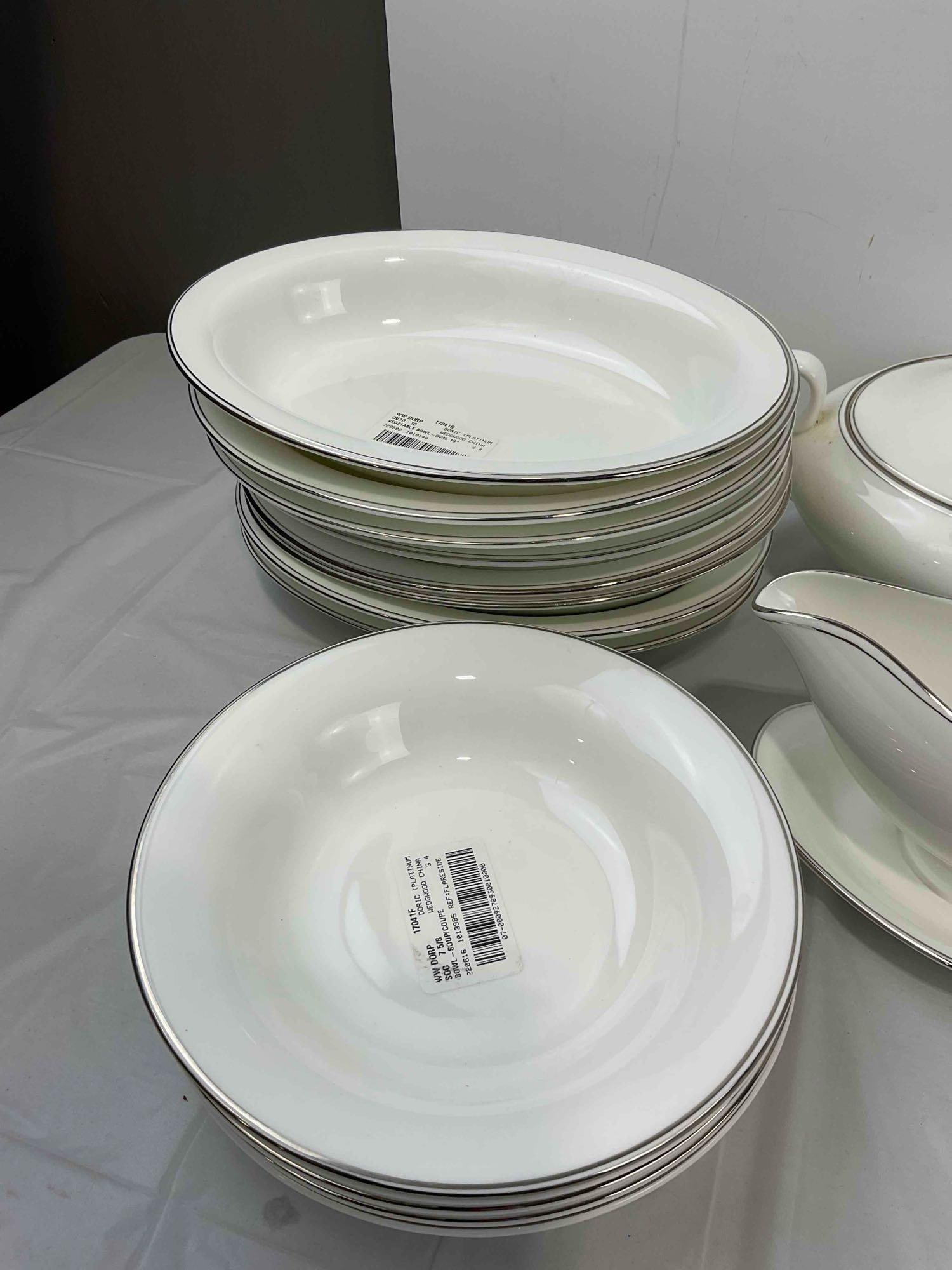25 pcs Wedgwood White China Dish Set in Doric Pattern w/ Silver Trim. Very Good Condition. - 2