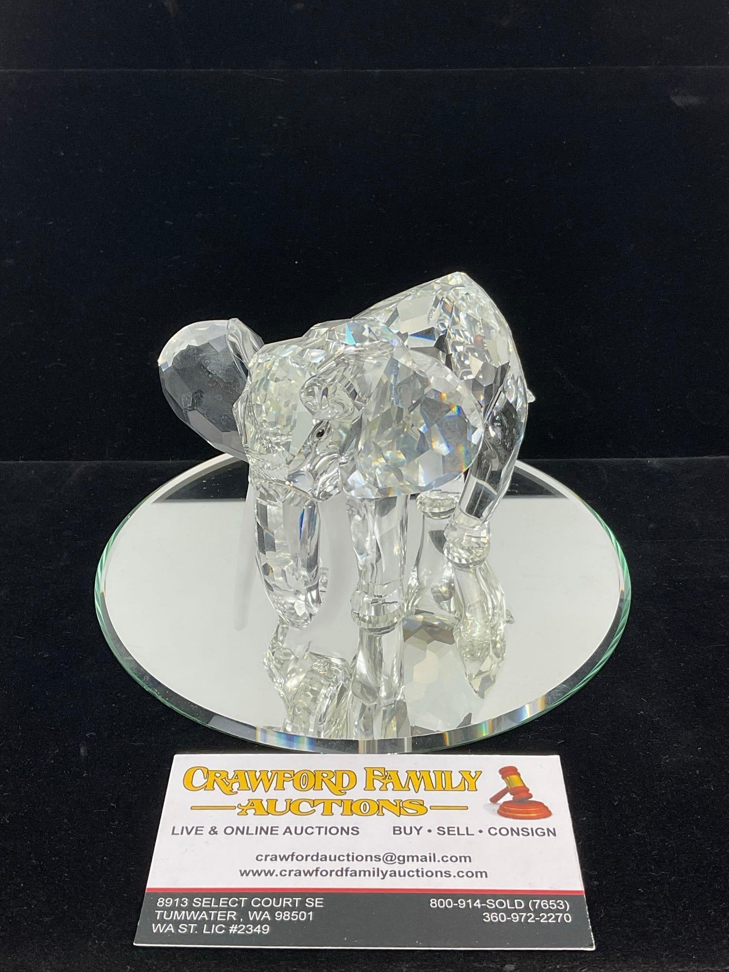 Swarovski Crystal Elephant Figure, Frosted Tusks, w/mirror round base: Appears to be in good shape. The piece measures approx 7h x 7w x 7d inches. See pics. E-5810