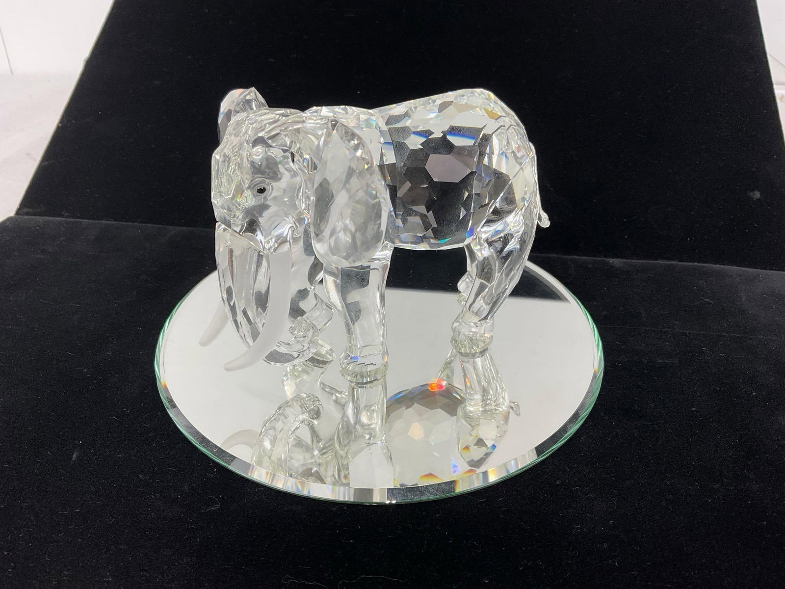Swarovski Crystal Elephant Figure, Frosted Tusks, w/mirror round base - 2