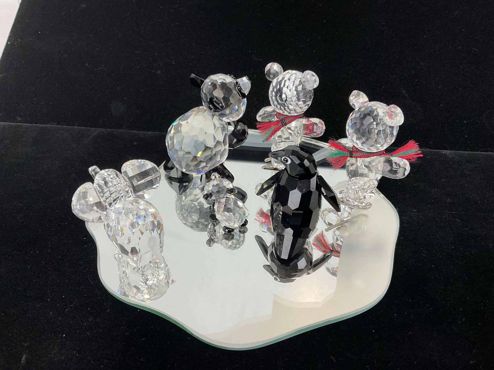 Swarovski Crystal Animal Figures, Panda w/cub, Penguin, Pair of Bear Skaters, & small Elephant - 3