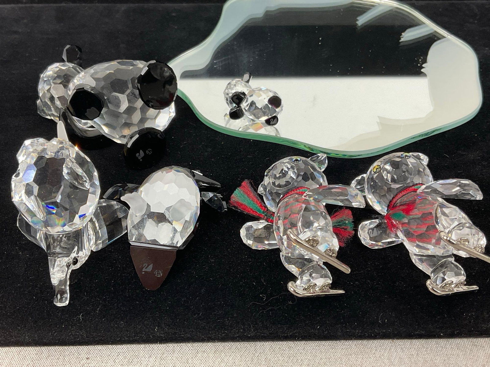Swarovski Crystal Animal Figures, Panda w/cub, Penguin, Pair of Bear Skaters, & small Elephant - 4