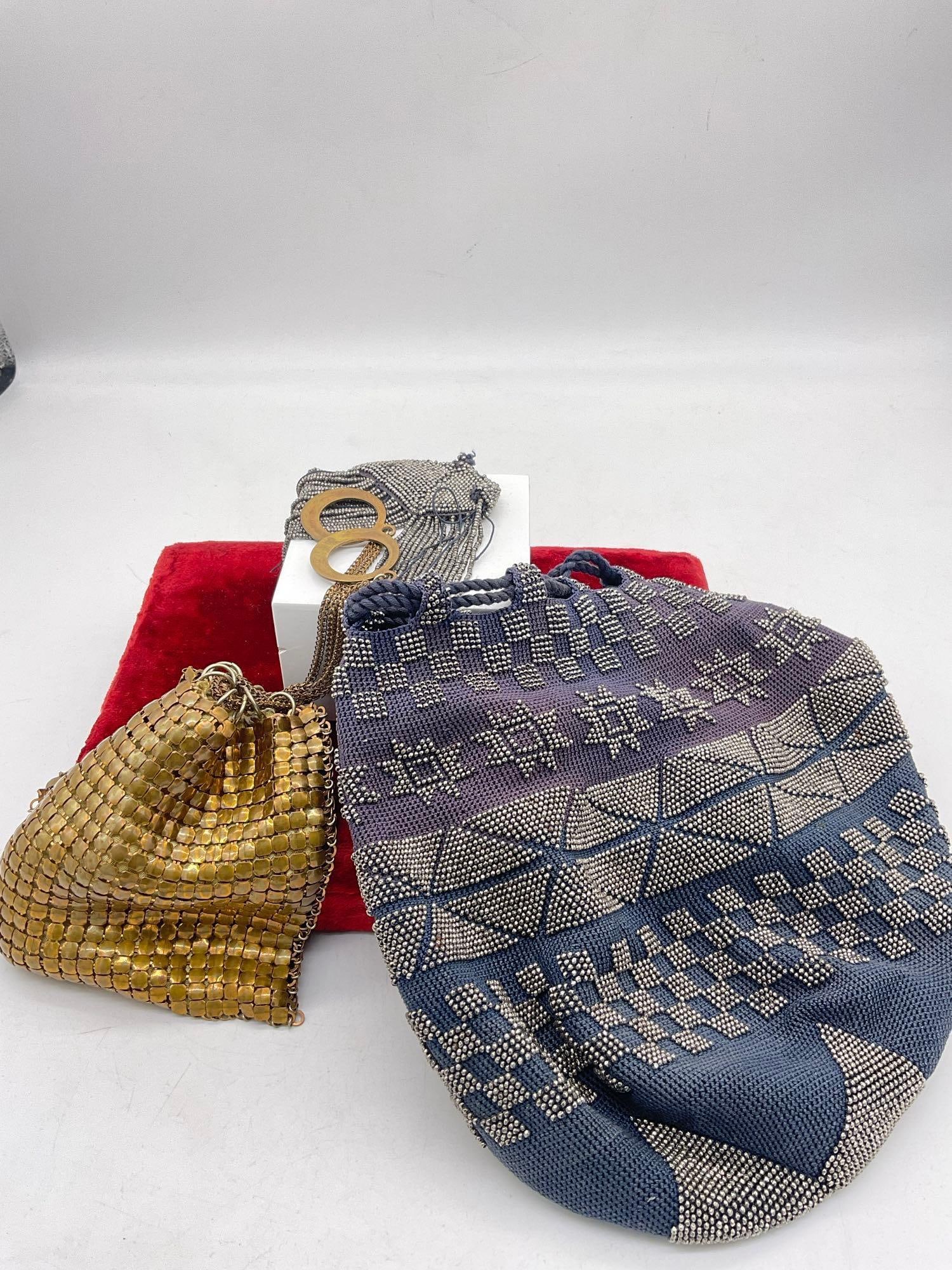 2 x antique / vintage Drawstring Gold tone Mess & Victorian Metal Mess and cloth hand bags See pics: c-5520 The Blue cloth hand bag has a tassel for the bottom of the purse that need reattached See pic 