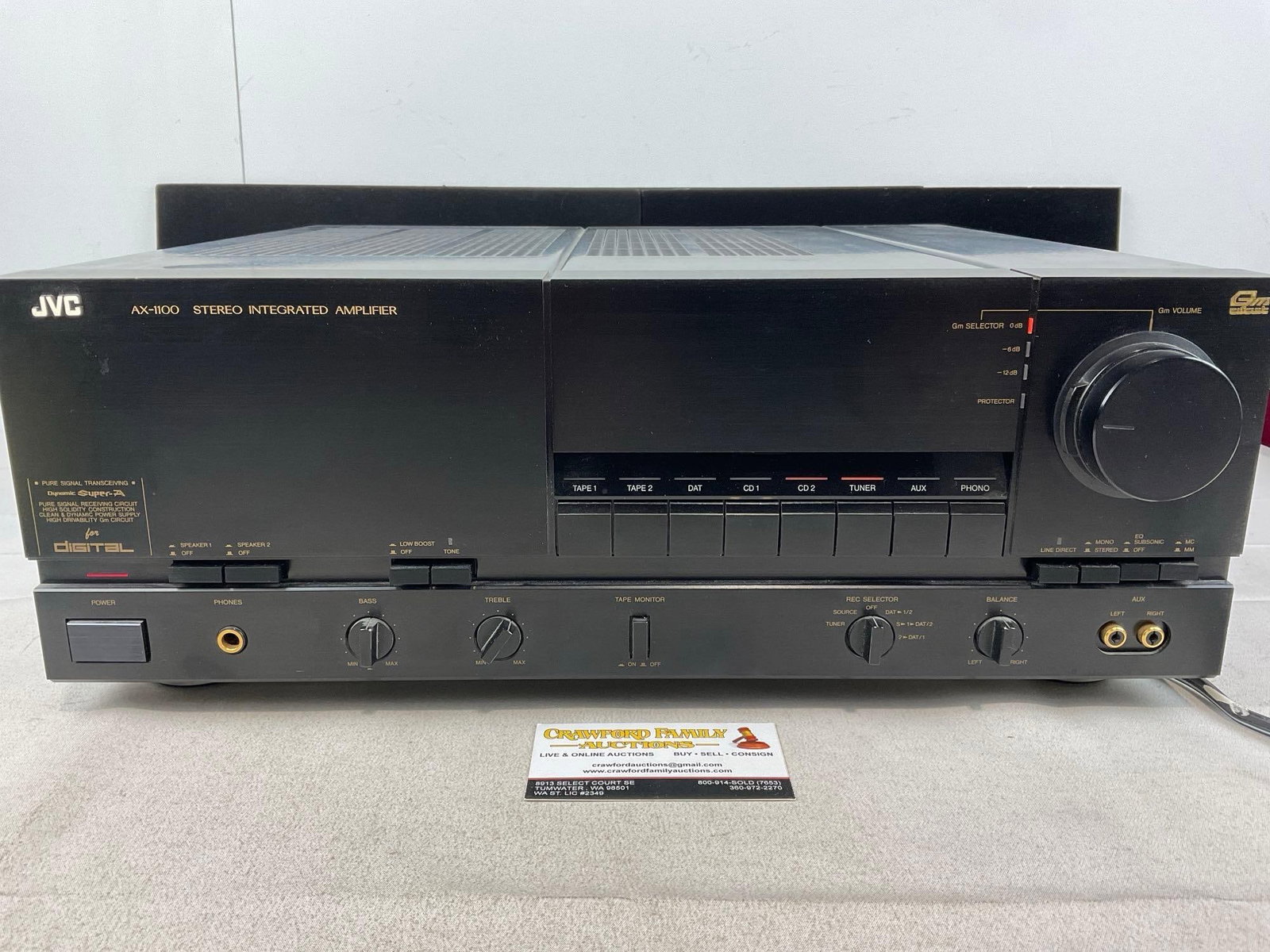 JVC AX-1100 Stereo Integrated Amplifier, tested & working, 8h x 18w x 19d inches: Appears to be in good shape. The piece measures approx 8h x 18w x 19d inches. See pics. E-5830