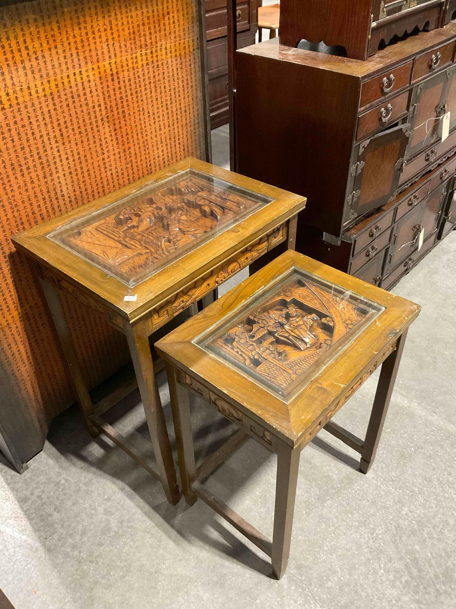 Pair of Vintage Asian Style Wood Nesting Tables w/ Carved Ladies & Glass Tops. Good Condition. - 2